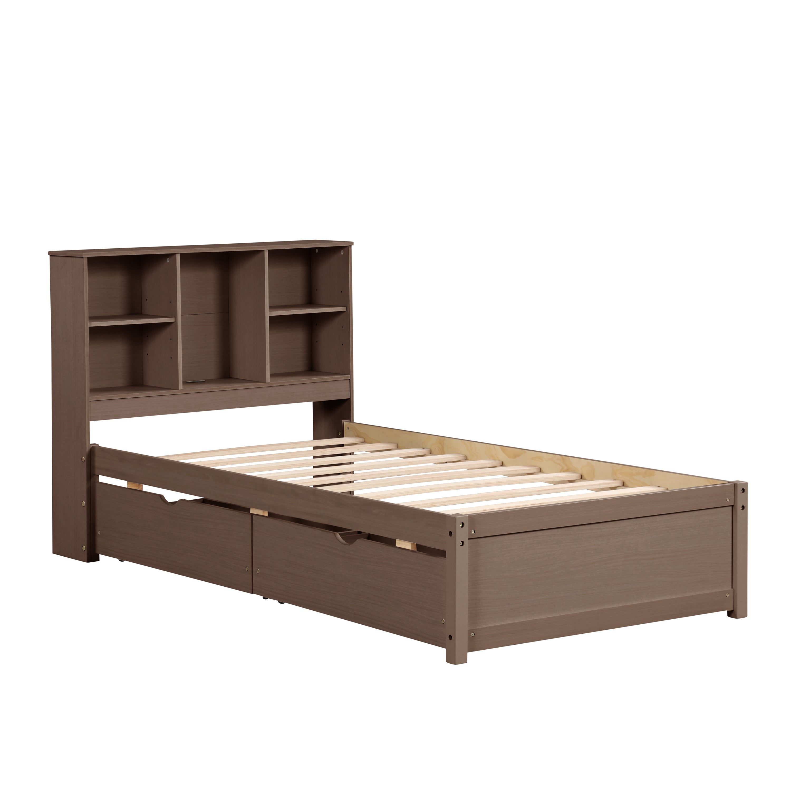 HAOYYE Twin Bed Frame with USB Port, Bookcase Headboard and Storage Drawers, Walnut Finish, Sturdy Space-Saving Design, Heavy Duty, Easy Assembly, Ideal for Bedroom and Dorm Room