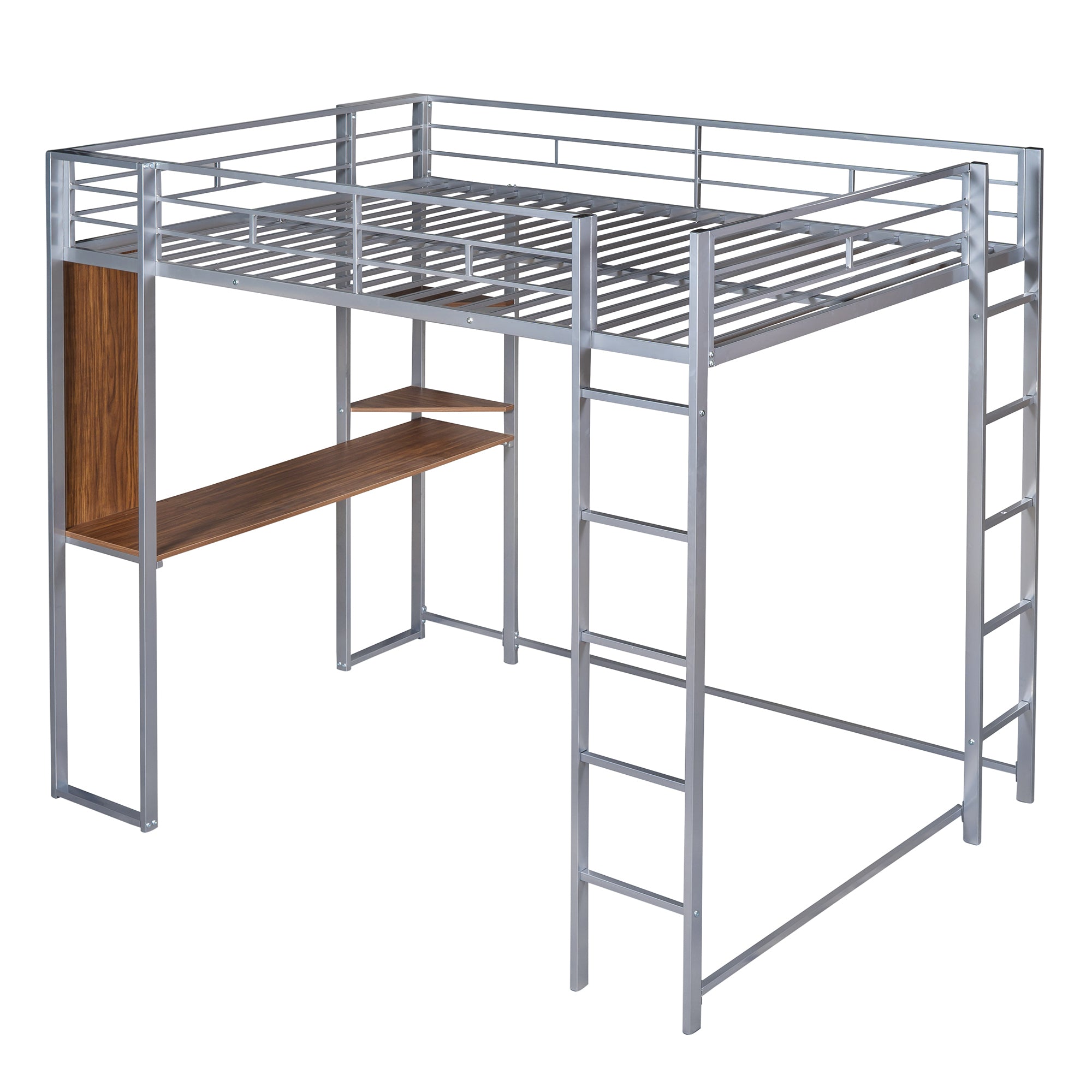 HAOYYE Full Size Metal Loft Bed with 2 Built-in Shelves & Desk, Silver – Space-Saving Design with Sturdy Metal Frame, Includes Full-Length Guardrails & Ladder, No Box Spring Needed, Perfect for Small Bedrooms & Dorm Rooms
