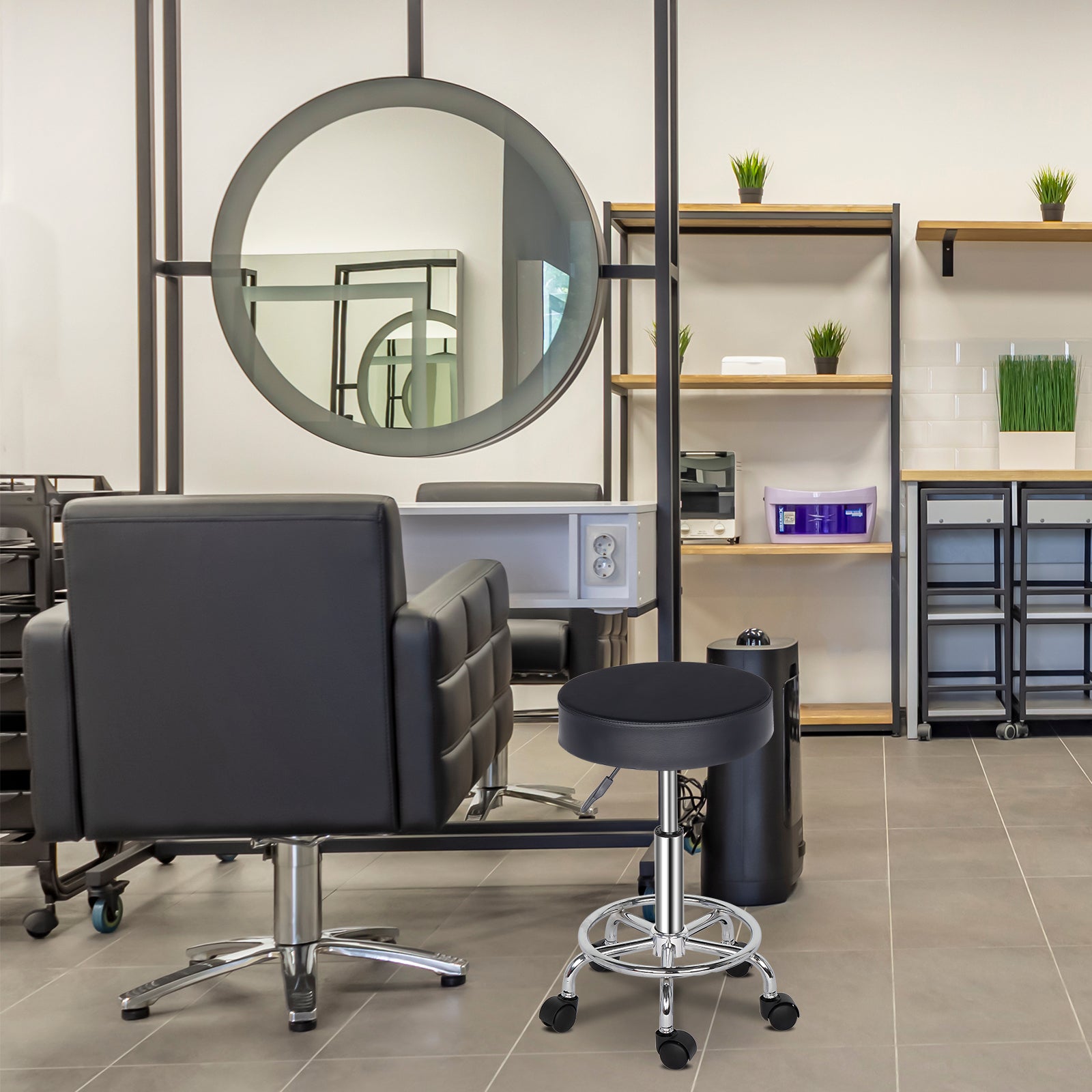 HAOYYE Black Round Bar Stool with 360 Degree Swivel and Rolling Casters, PU Leather Adjustable Height Seat, Comfortable and Durable Design for Home Office Salon Studio Use
