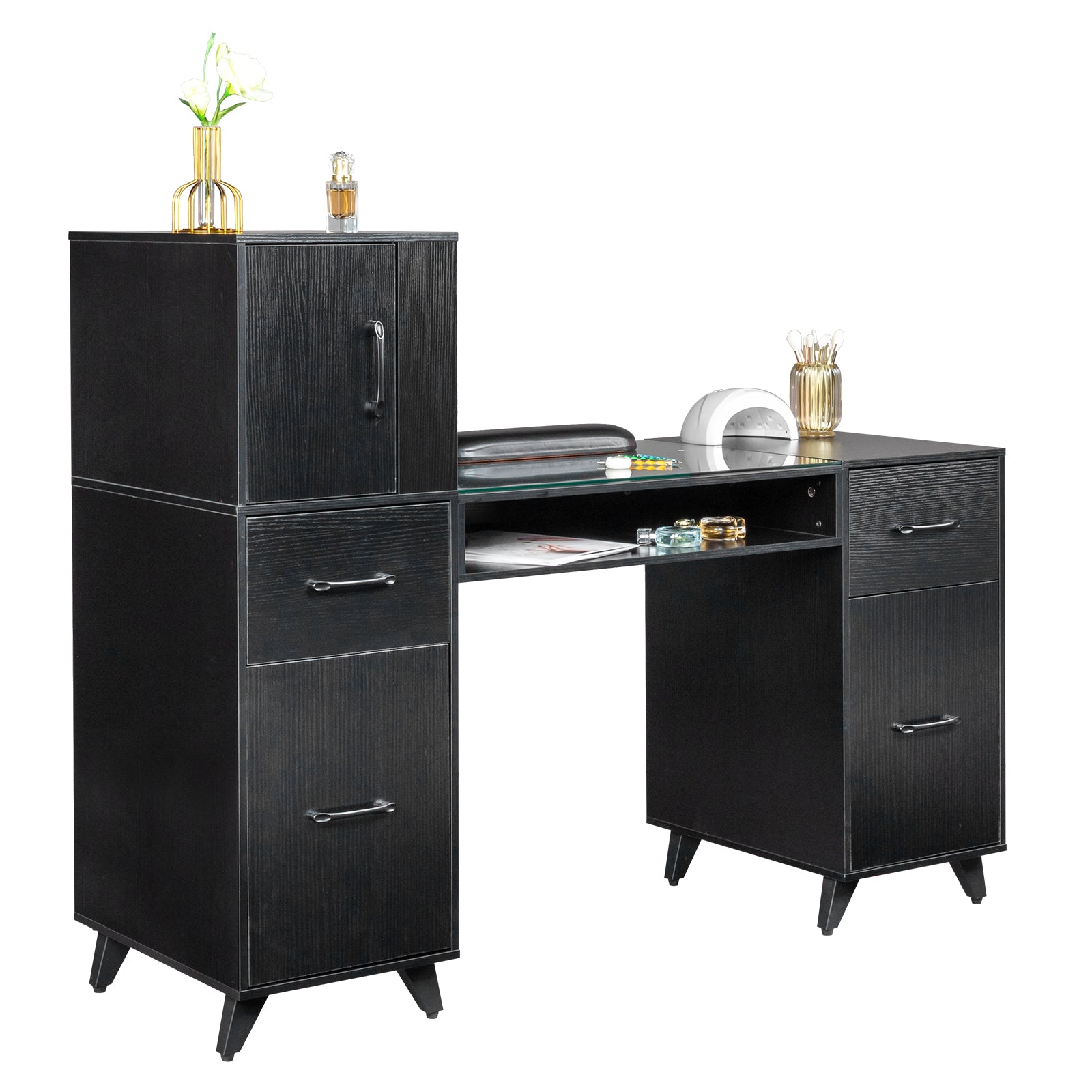 HAOYYE Black Nail Table with Tempered Glass Top and Relief Particle Board Finish, Three Doors and Two Drawers, Fanless Design for Salon Manicure Station or Home Beauty Workspace