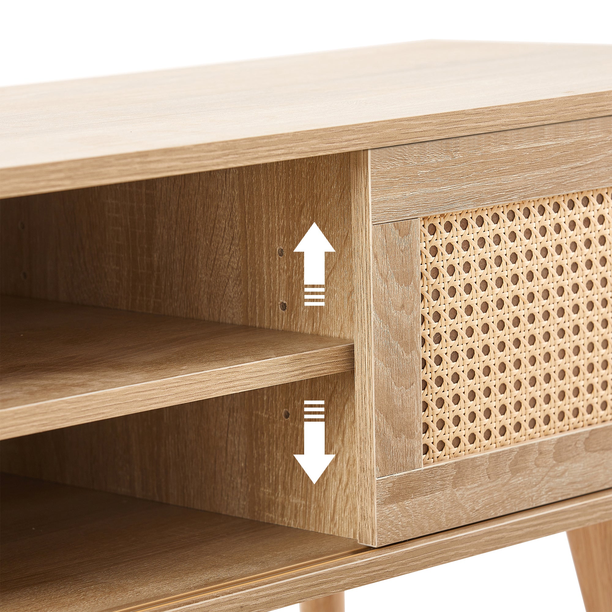 HAOYYE 55.12" Rattan TV cabinet, double sliding doors for storage, adjustable shelf, solid wood legs, TV console for living room ,natural Sturdy Space-Saving Heavy Duty Modern Design Adults Dorm Room