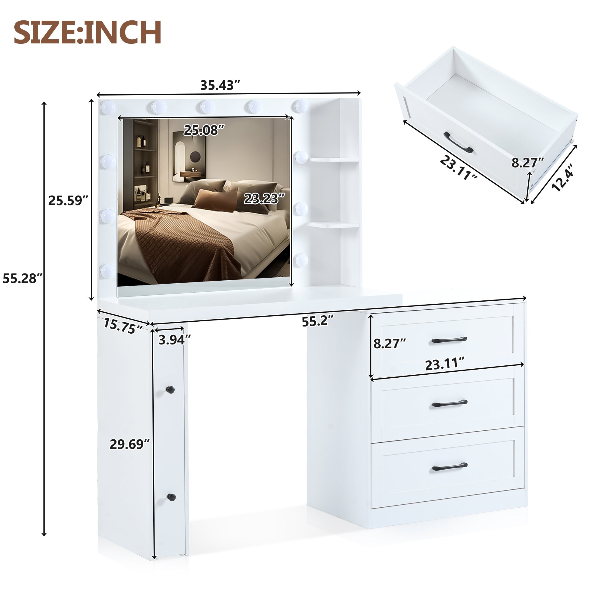 HAOYYE 55.2" Vanity Desk with Freely Adjustable Side Cabinet, Makeup Vanity with Hollywood Lights, 5 Storage Drawers & 2-shelves, Modern Dressing Table, White
