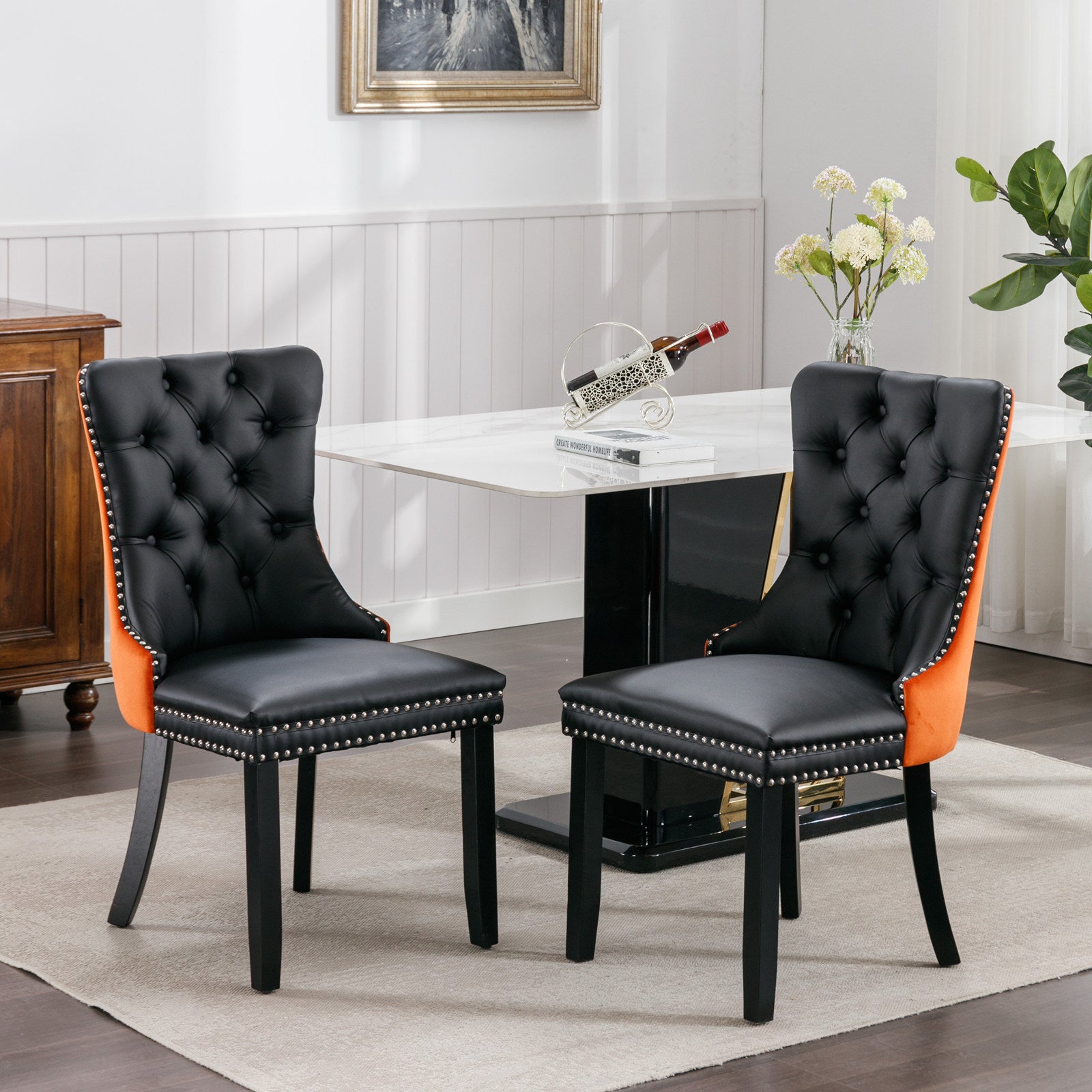 HAOYYE Nikki Collection Modern, High-end Tufted Solid Wood Contemporary PU and Velvet Upholstered Dining Chair with Wood Legs Nailhead Trim 2-Pcs Set lack+Orange, SW2101BO Sturdy Space-Saving