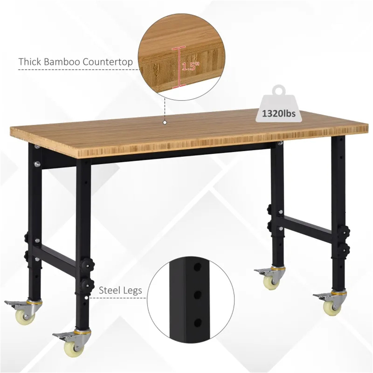 HAOYYE Garage Work Bench with Wheels and Adjustable Legs Bamboo Top Workstation Heavy Duty Rolling Tool Table for Workshop Garage Home Office Storage and Organization