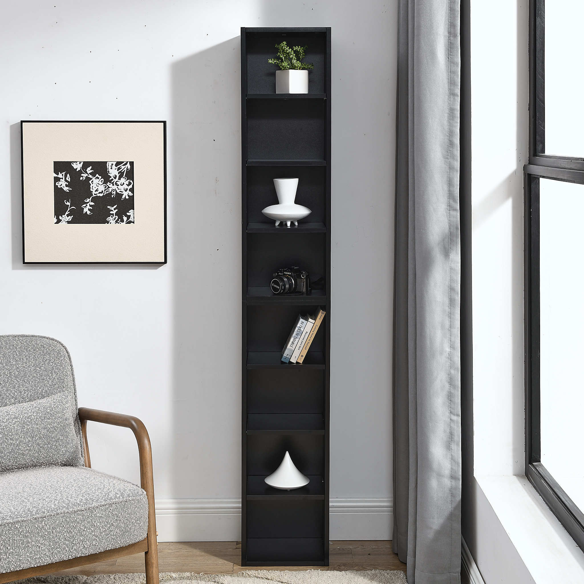Haoyye 8 Tier Media Tower Rack With Adjustable Shelves For CD DVD Storage, Slim Cabinet Display, Tall Narrow Bookcase Design For Home Office Organizer