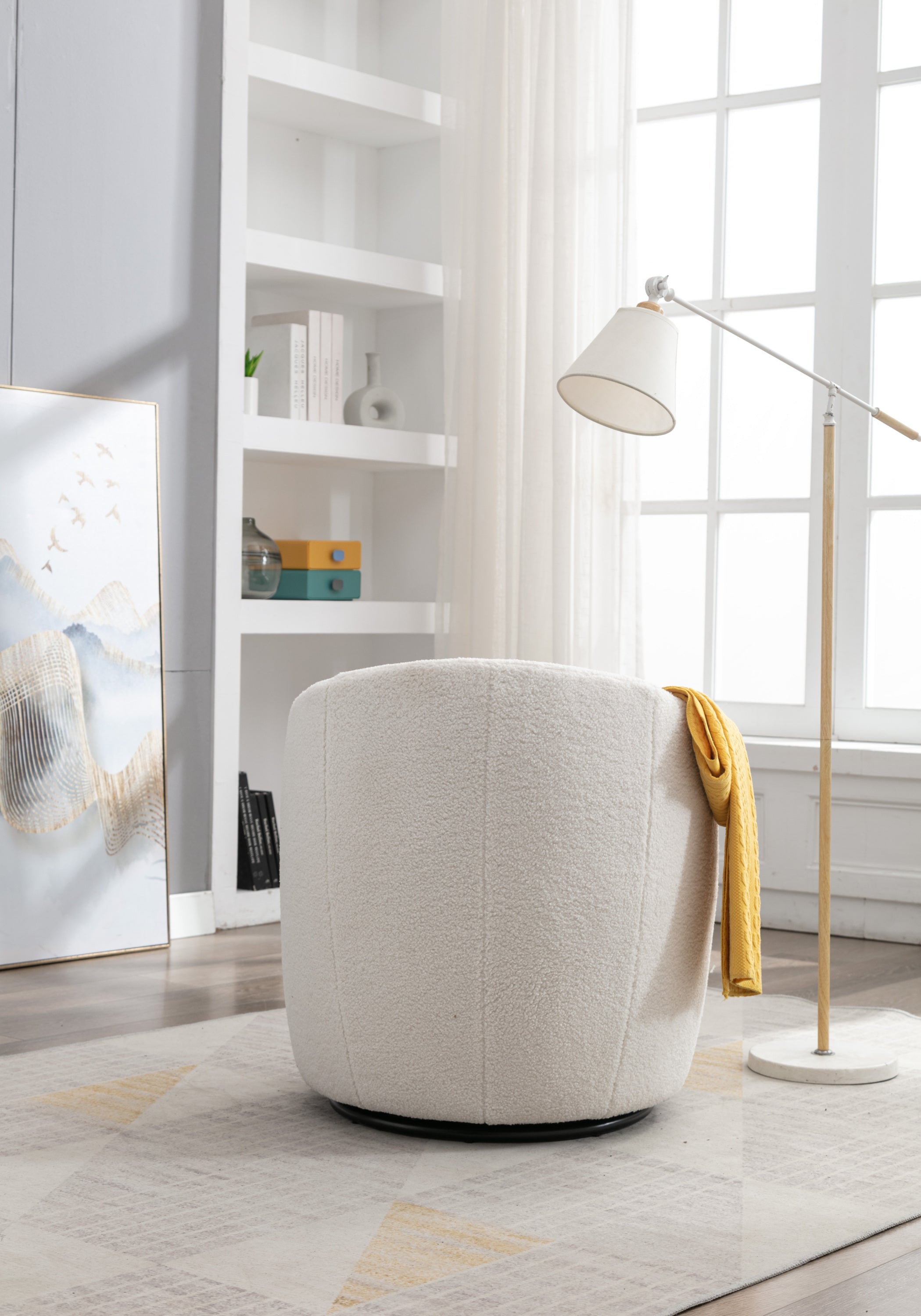 HAOYYE Teddy Fabric Swivel Accent Armchair Barrel Chair With Black Powder Coating Metal Ring,Ivory White Sturdy Space-Saving Heavy Duty Modern Design Easy Assembly Durable Stylish Home Furniture Versatile