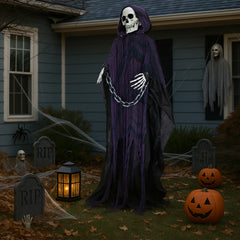 HAOYYE 6FT Halloween Outdoor Life-Size Animatronic Grim Reaper with Chain, Sound-Activated Scary Halloween Party Decoration, Creepy Haunted House Prop for Garden Yard Lawn, Spooky Holiday Decor