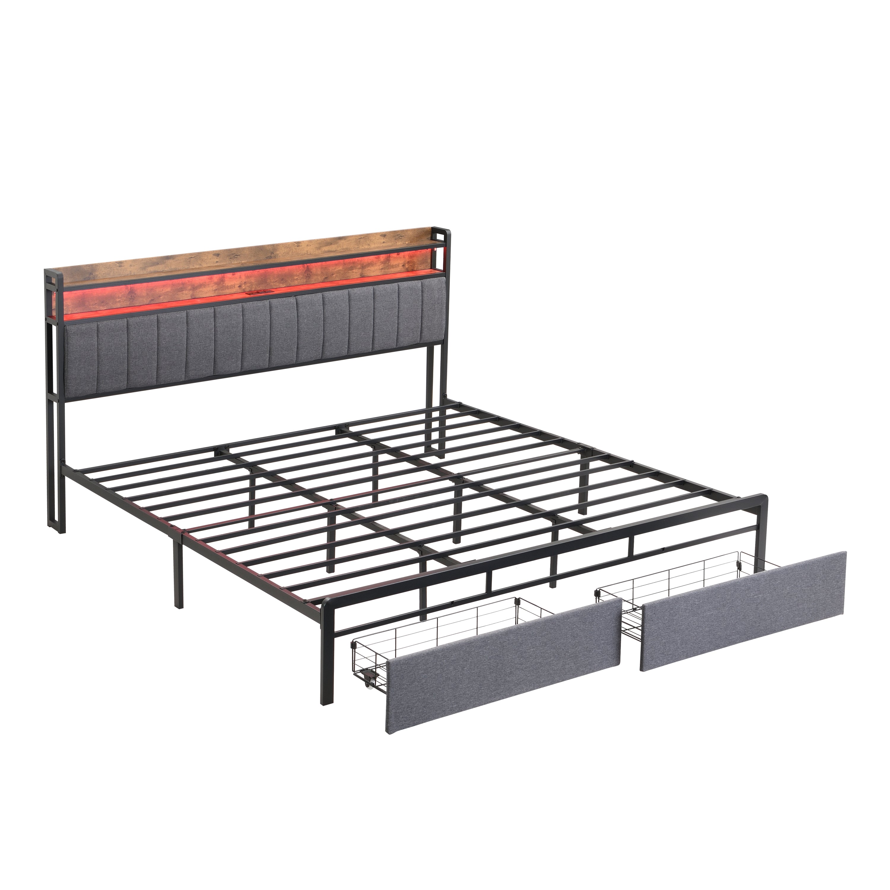 HAOYYE King Bed Frame with Storage Headboard, Drawers, LED Lighting, and Built-in Charging Station, Modern Upholstered Platform Design, Sturdy Space-Saving Grey Construction, No Box Spring Needed, Easy Assembly