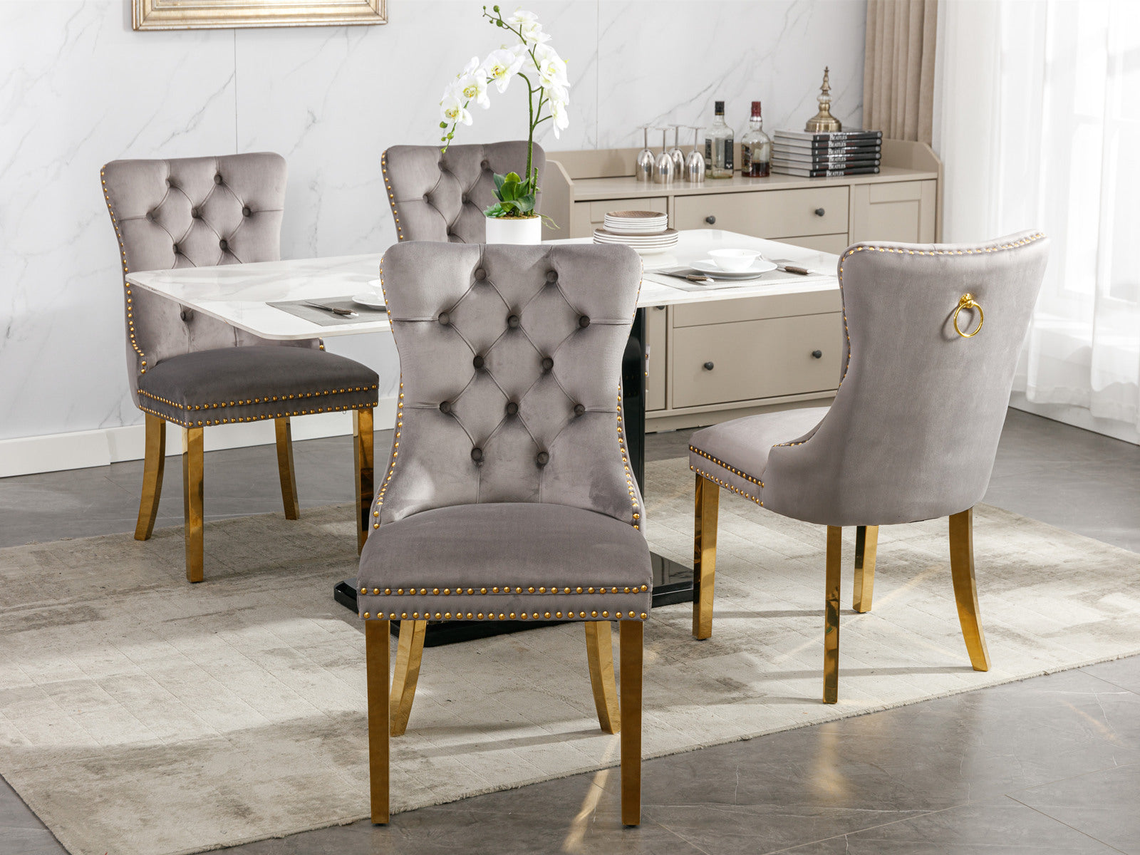 HAOYYE High-end Tufted Solid Wood Contemporary Velvet Upholstered Dining Chair with Golden Stainless Steel Plating Legs,Nailhead Trim,Set of 2,Gray and Gold, SW1601GY Sturdy Durable