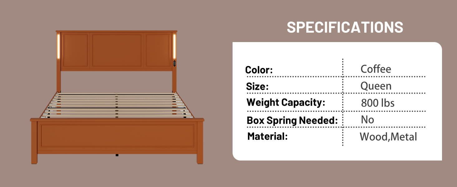 HAOYYE Queen Size Bed Frame, Platform Bed Frame with Wood Headboard and Footboard,Charging Station and LED Lights, 12 Wood Slats Support, No Box Spring Needed , Brown Sturdy Space-Saving Heavy Duty