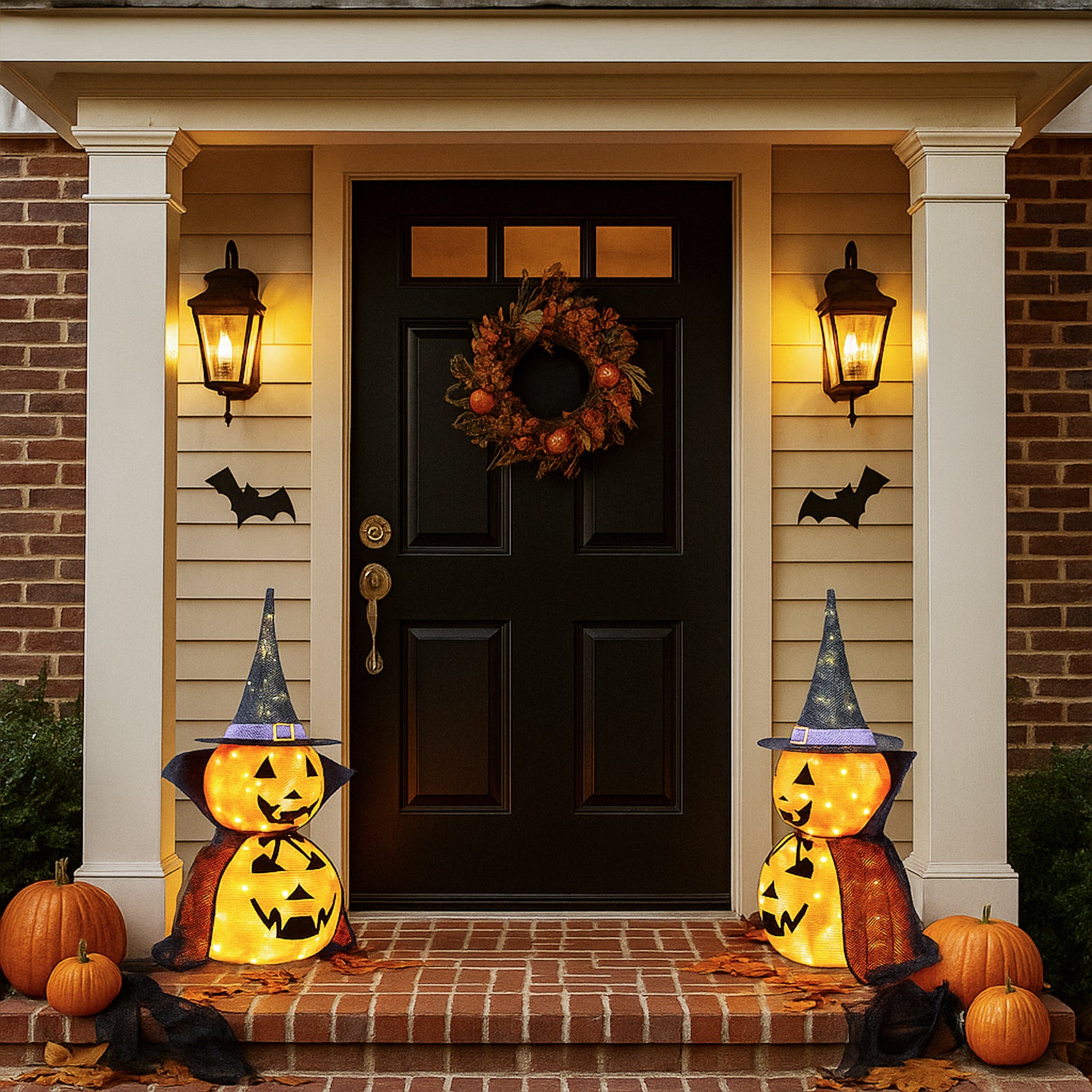 HAOYYE Black Halloween Pumpkin Decorations 2-Pack Collapsible Lighted Jack-O-Lanterns with 176 Warm LED Lights, Metal Frame Pop-Up Pumpkin Lamps with Wizard Capes for Indoor Outdoor Garden Patio Party Decor