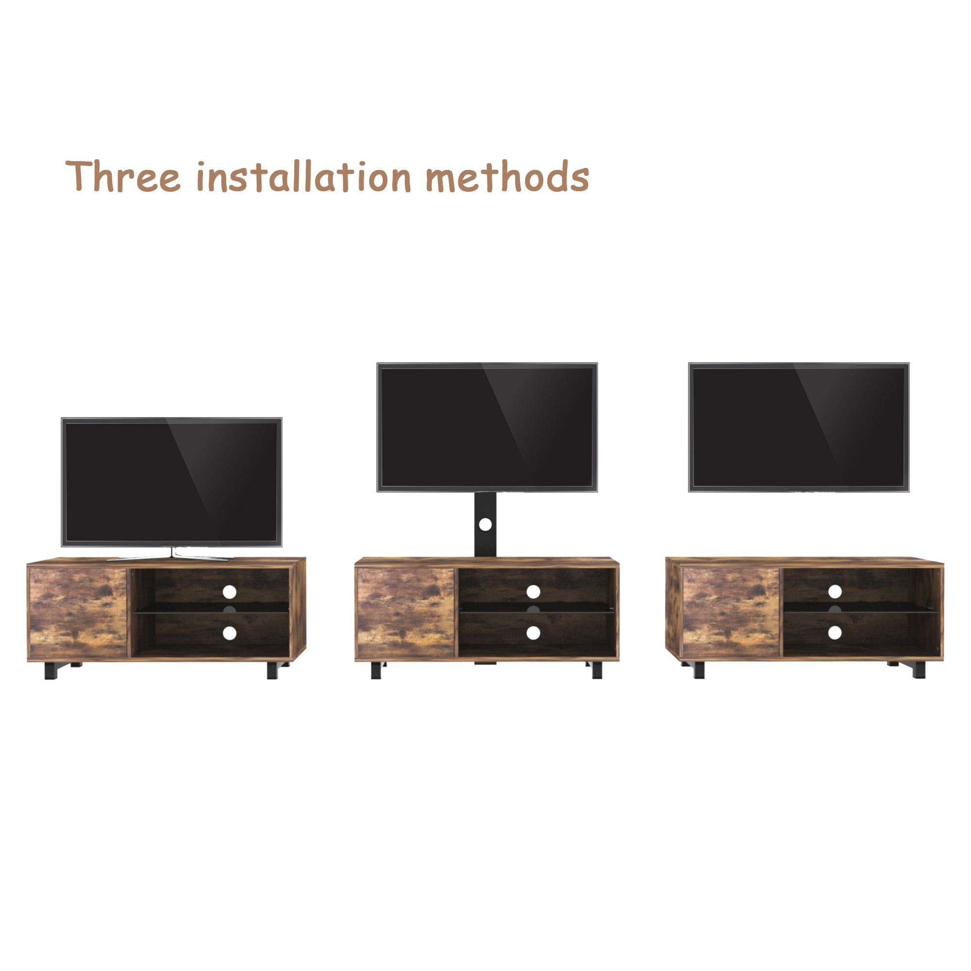 HAOYYE Rustic Brown TV Console with push-to-open Storage Cabinet for TV up to 65in Wood &glass TV Stand for Living Room Bedroom Sturdy Space-Saving Heavy Duty Modern Design Adults Dorm Room