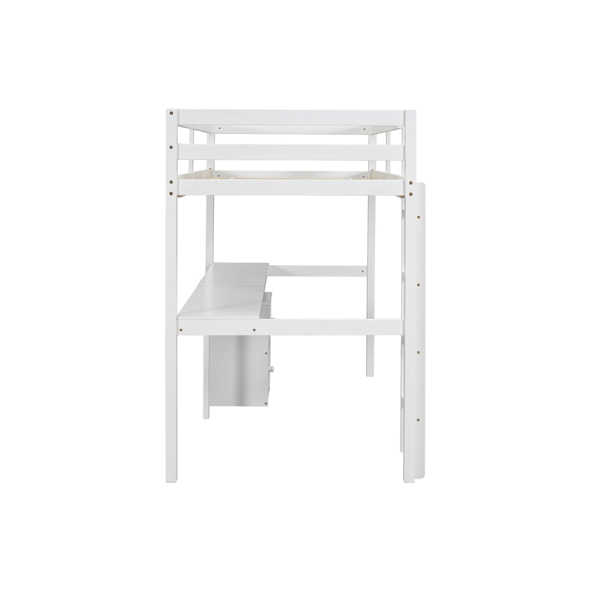 HAOYYE Twin Loft Wood Bed with Under-Bed Built-In Desk and Two-Drawer Storage Cabinet, Guardrails, and Ladder, White Sturdy Space-Saving Design, Heavy Duty Construction, Easy Assembly, Durable Stylish Home Furniture