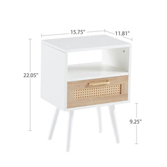HAOYYE Rattan End Table With Drawer And Solid Wood Legs, Modern Nightstand For Bedroom And Living Room, Sturdy Space-Saving Heavy Duty Design, Easy Assembly, White
