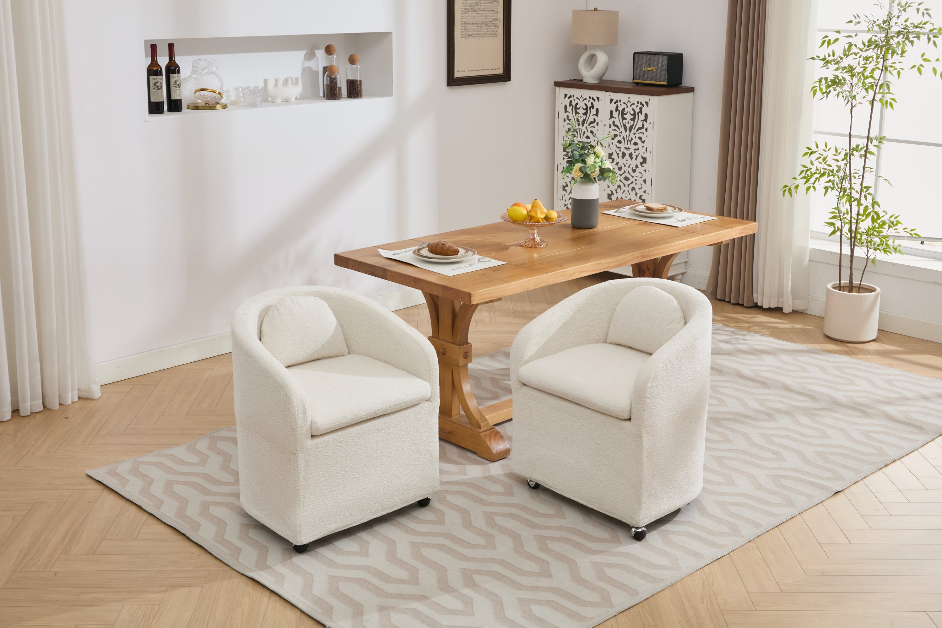 HAOYYE 059-Set of 1 Chenille Fabric Dining Armchair With Back Cushion and Universal Wheels,Beige Sturdy Space-Saving Heavy Duty Modern Design Adults Dorm Room Easy Assembly Bedroom Furniture