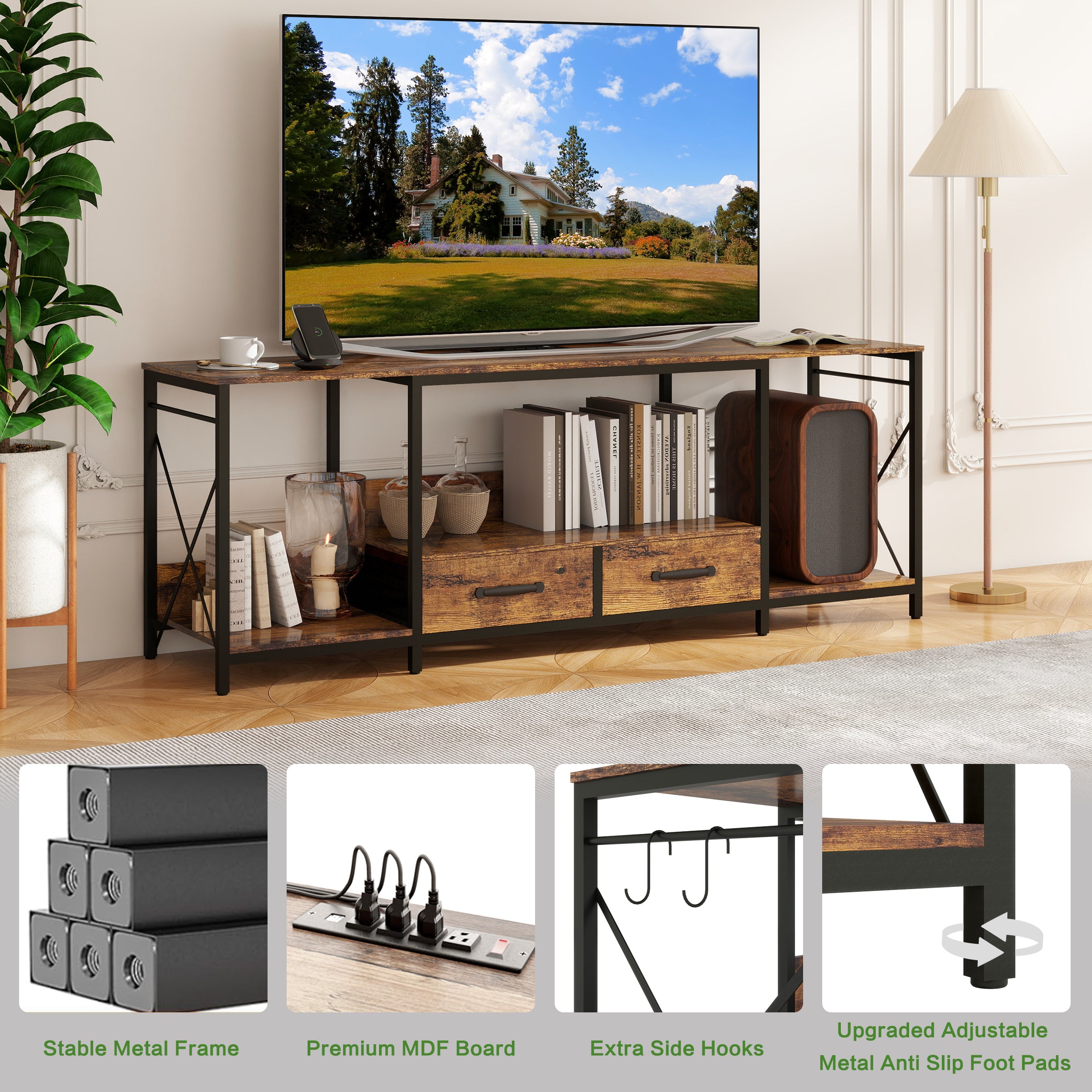 HAOYYE TV Stand with LED Lights and Power Outlets, TV Console with Fabric Drawers for 65-75 Inch TVs, Industrial Entertainment Center with Open Storage Shelves, Modern TV Stand for Living Room, Bedroom