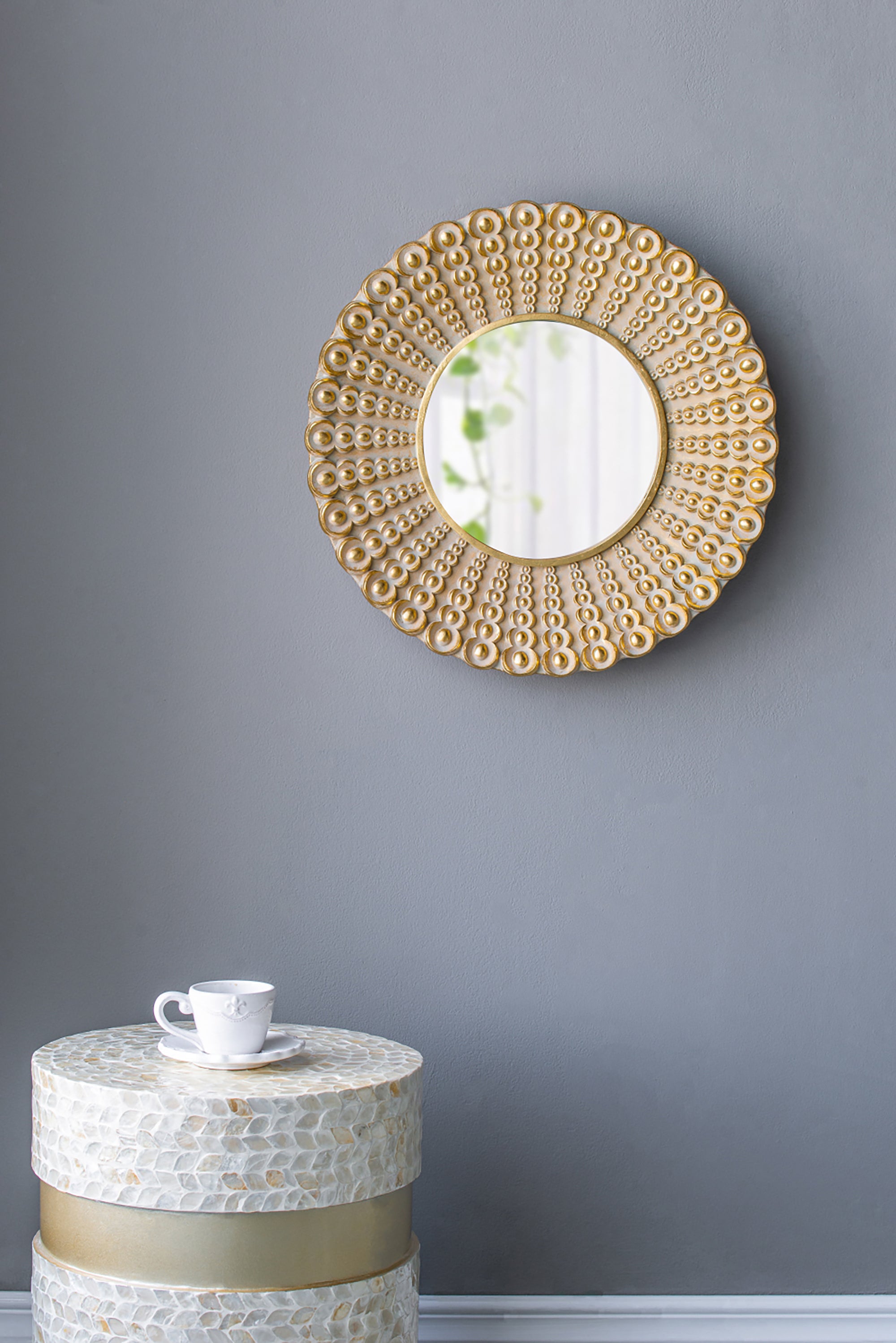 HAOYYE 14" Gold Beaded Sunburst Mirror, Round Accent Wall Mirror for Living Room, Entryway, Bathroom, Office, Foyer Sturdy Space-Saving Heavy Duty Modern Design Adults Dorm Room Easy Assembly
