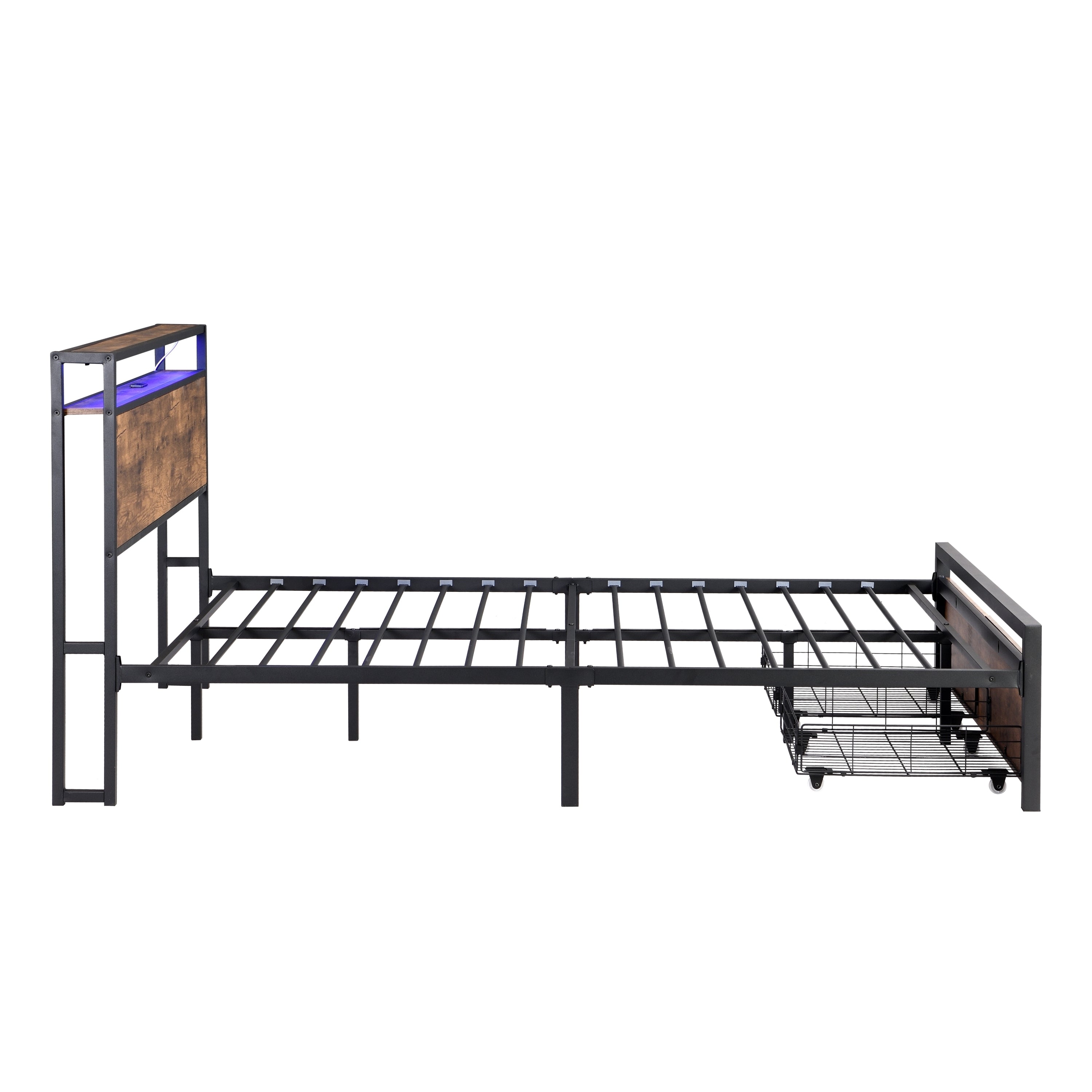HAOYYE Full Size Bed Frame with Storage Headboard and 2 Drawers, LED Lights Bed with Charging Station, Metal Platform Bed No Noise, Mattress Foundation Strong Metal Slats Support No Box Spring Needed Sturdy