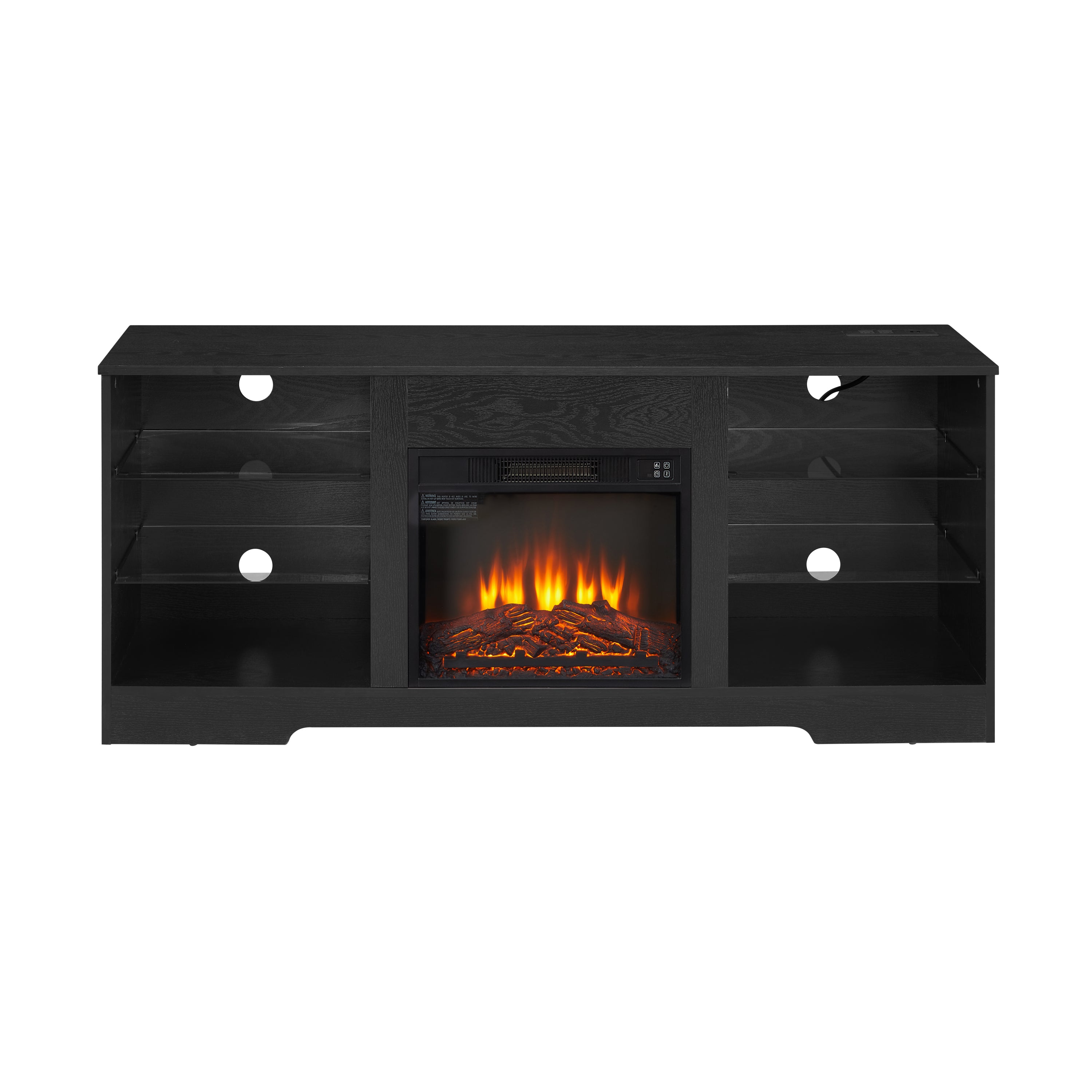 HAOYYE Modern TV Stand With Electric Fireplace, Glass Shelves, 3D Wood Design, LED Lights, And USB Charging Outlet – Entertainment Console Table For TVs From 32 To 62 Inch, Sturdy, Space-Saving Heavy Duty Media Center In Black
