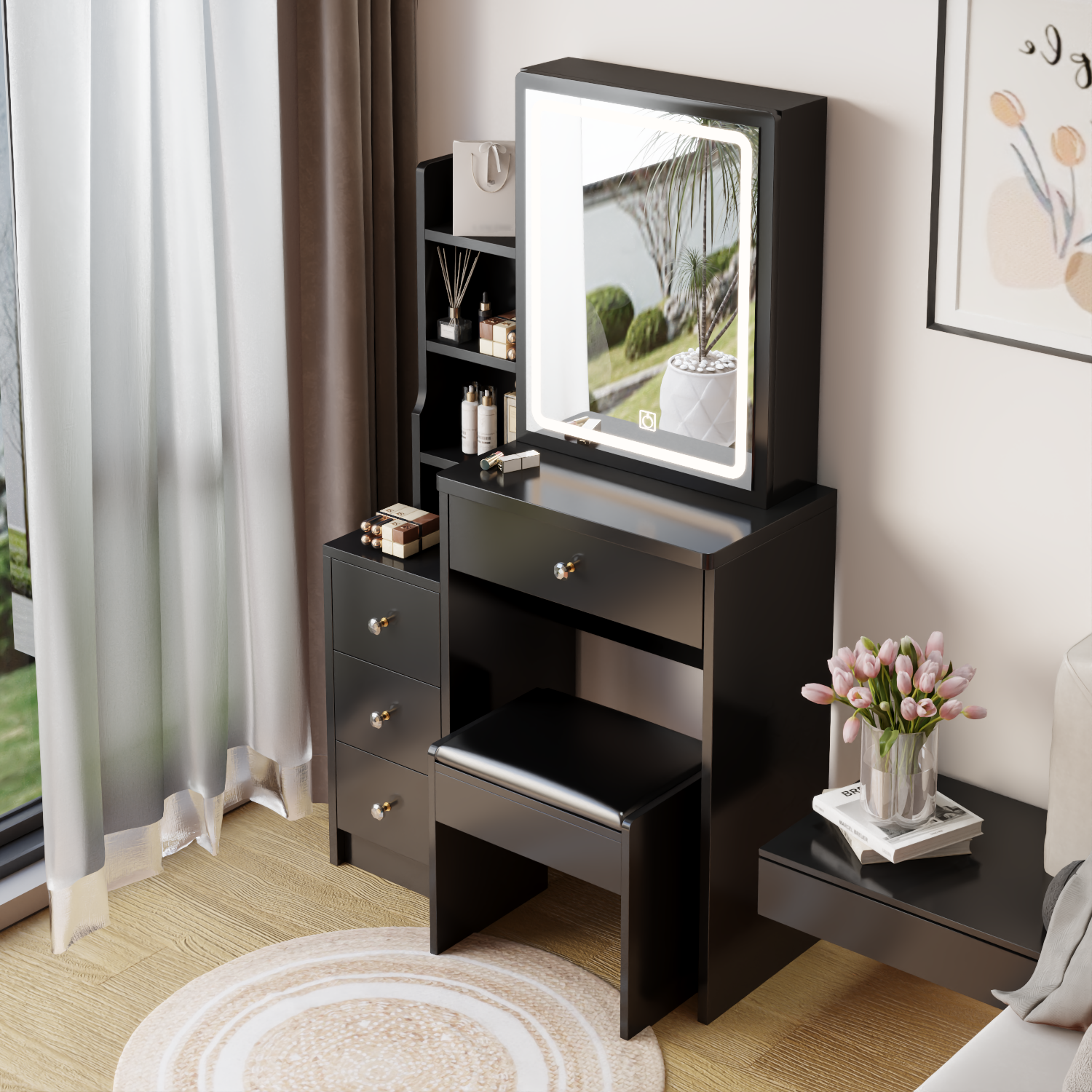 HAOYYE Small Space Left Bedside Cabinet Vanity Table + Cushioned Stool, Extra Large Touch Control Sliding LED Mirror, Tri-color Switching, Brightness Adjustable, Suitable for Girls No More Than 5.6ft Tall