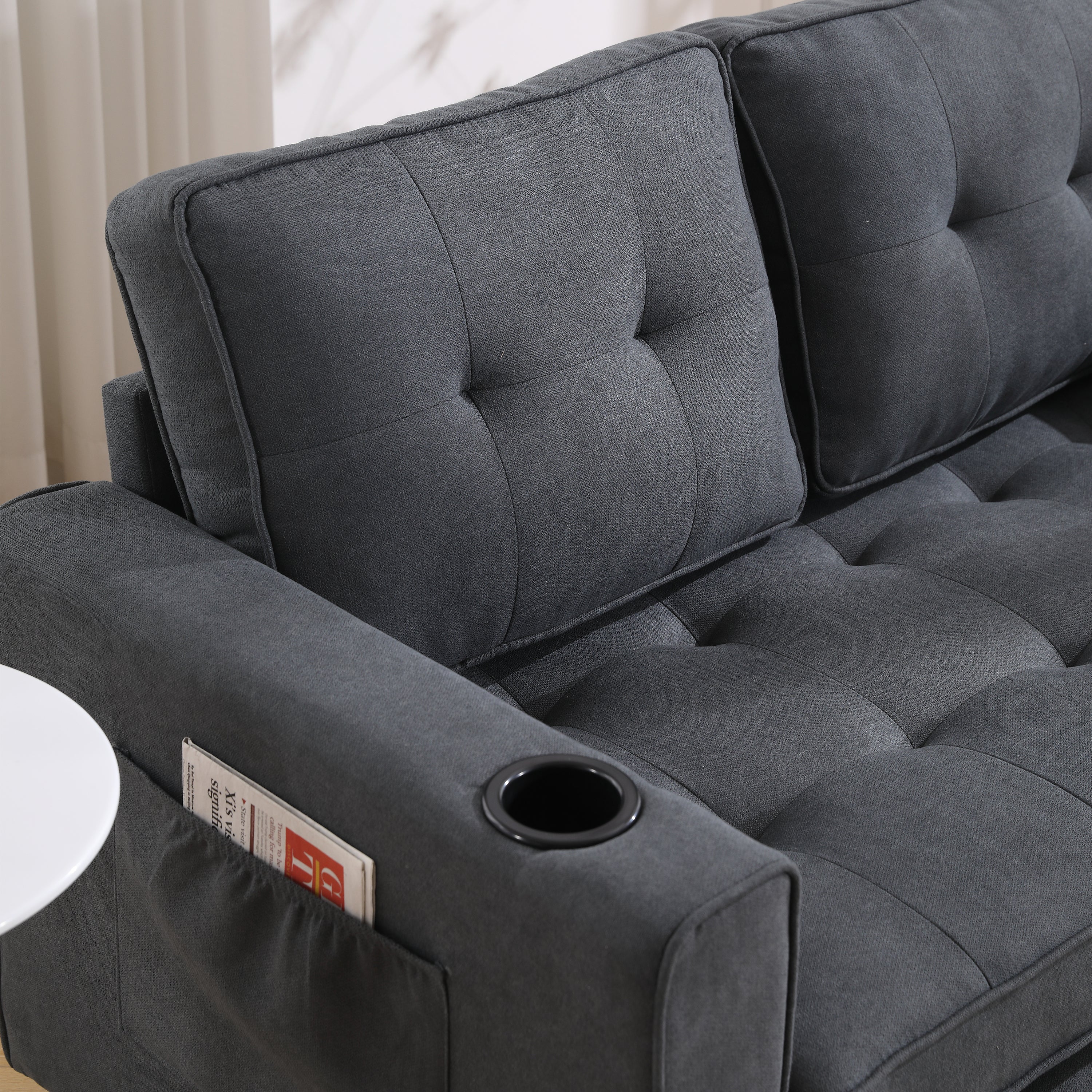 HAOYYE 3-in-1 Upholstered Convertible Futon Sofa Bed, Foldable Tufted Loveseat with Pull-Out Sleeper, Daybed with Side Pockets and Cup Holder, Dark Gray Sturdy Space-Saving Modern Design Easy Assembly