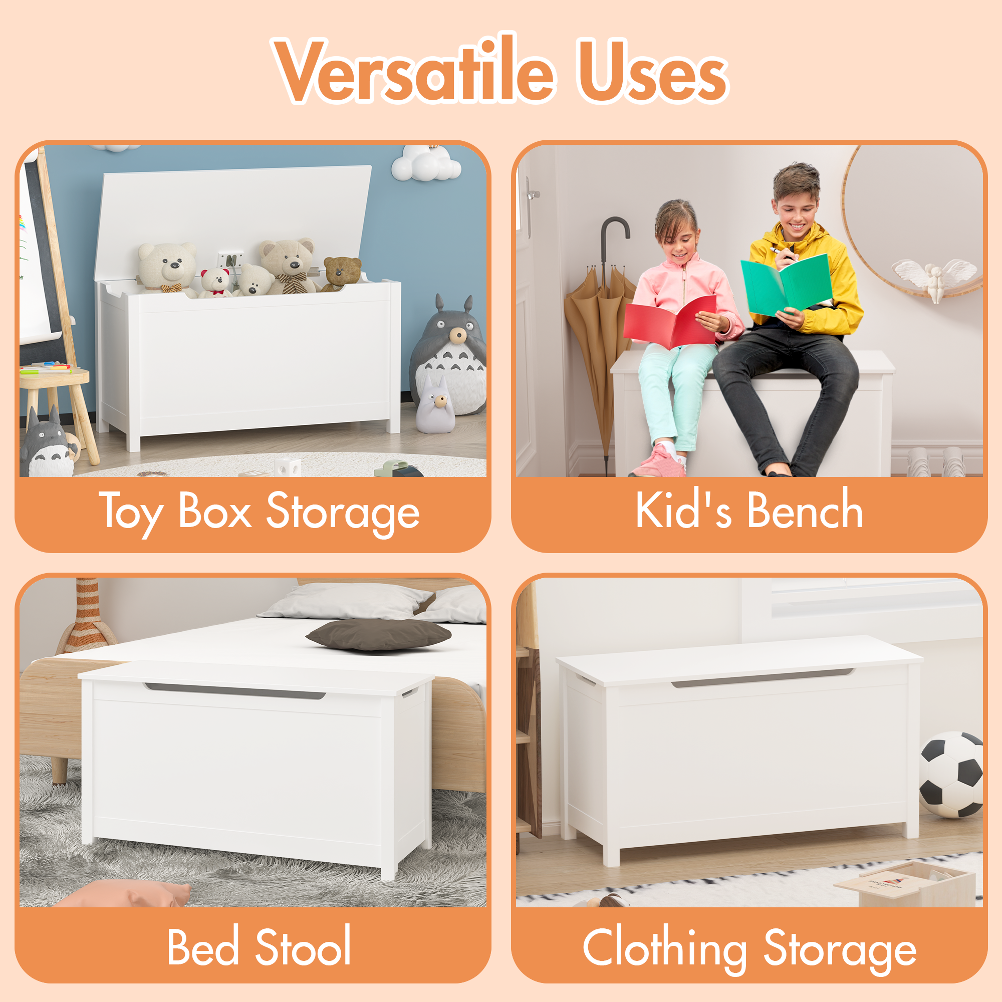 HAOYYE Wooden Toy Box Storage with Safety Hinged Lid, White, Sturdy Space-Saving Design, Easy Assembly, Durable and Stylish Home Furniture