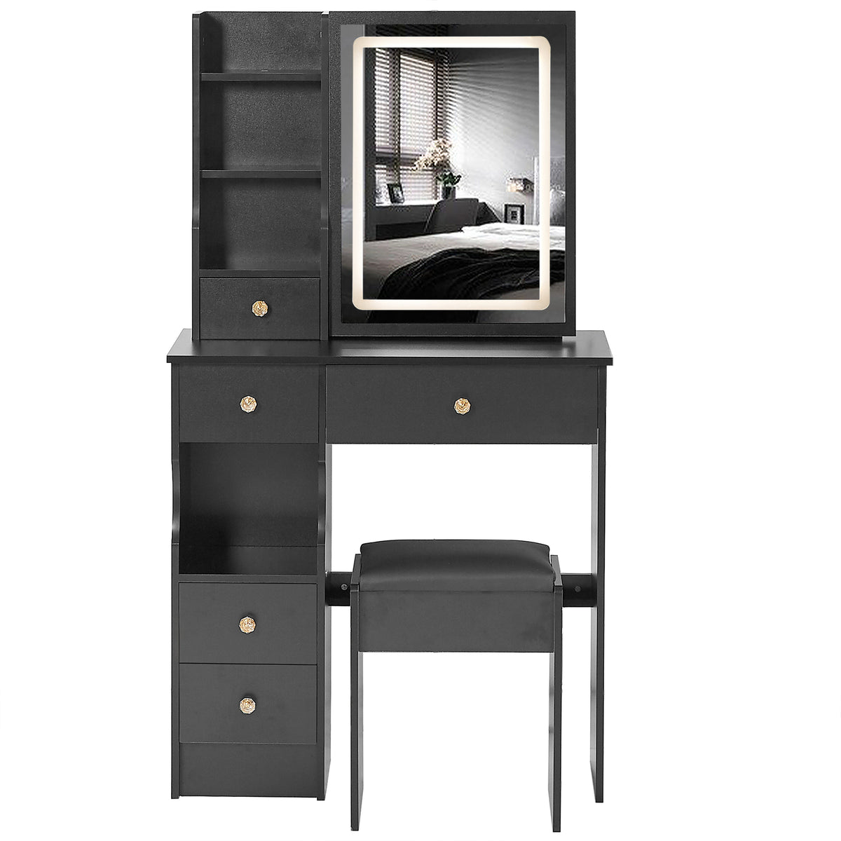 HAOYYE Small Size Left Drawer Desktop Vanity Table + Cushioned Stool, Touch Control Sliding LED Mirror, Tri-color Switching, Brightness Adjust, Multi Layer, Suitable for Small Space, EPA,GCC,UL Certificate