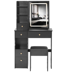HAOYYE Small Size Left Drawer Desktop Vanity Table + Cushioned Stool, Touch Control Sliding LED Mirror, Tri-color Switching, Brightness Adjust, Multi Layer, Suitable for Small Space, EPA,GCC,UL Certificate