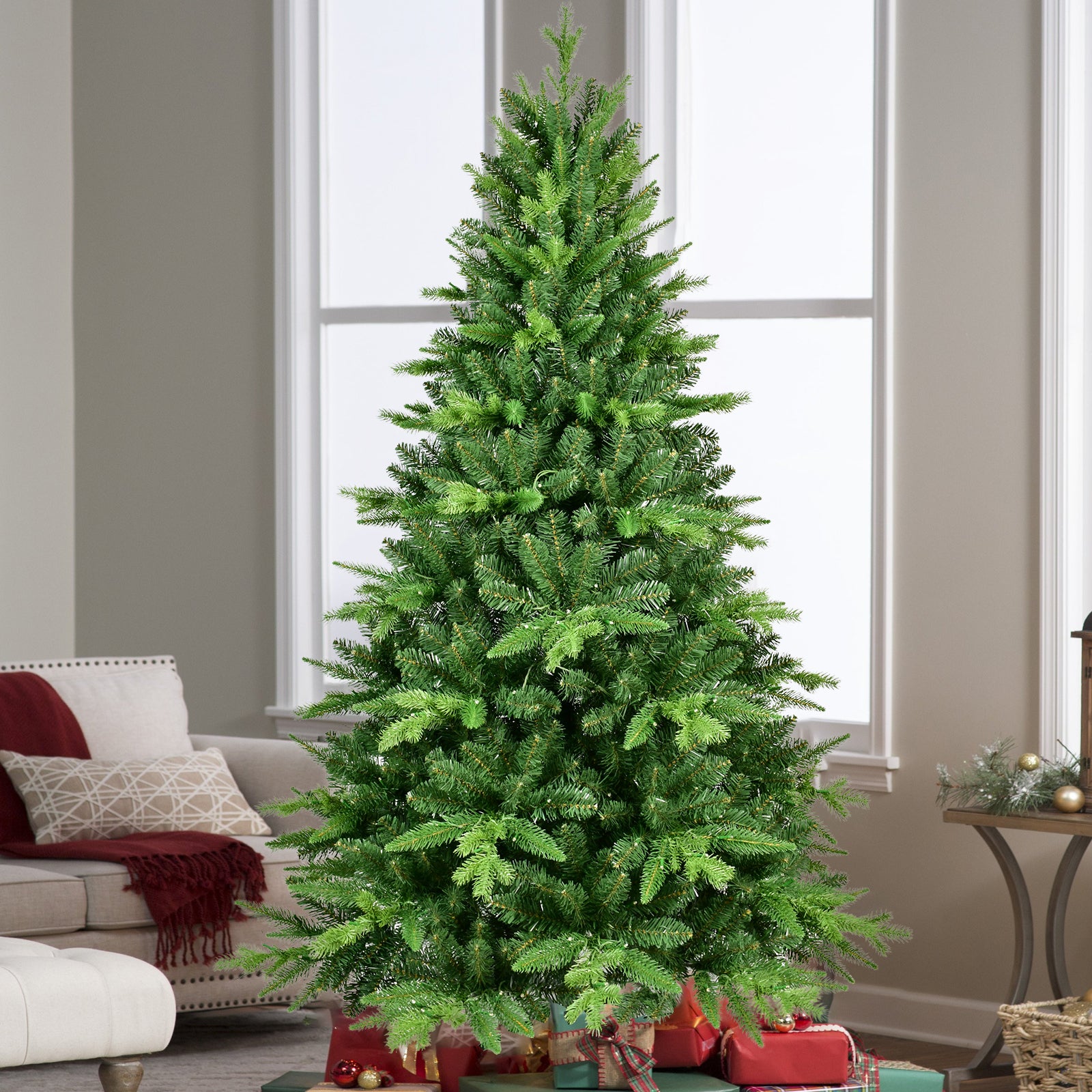 HAOYYE 5FT PE And PVC Christmas Tree with Lights, Unique Christmas Tree Prelit with 850 Branch Tips, 250 Warm White LEDs and Metal Stand, Aritificial Christmas Tree Sturdy Space-Saving Heavy Duty Adults