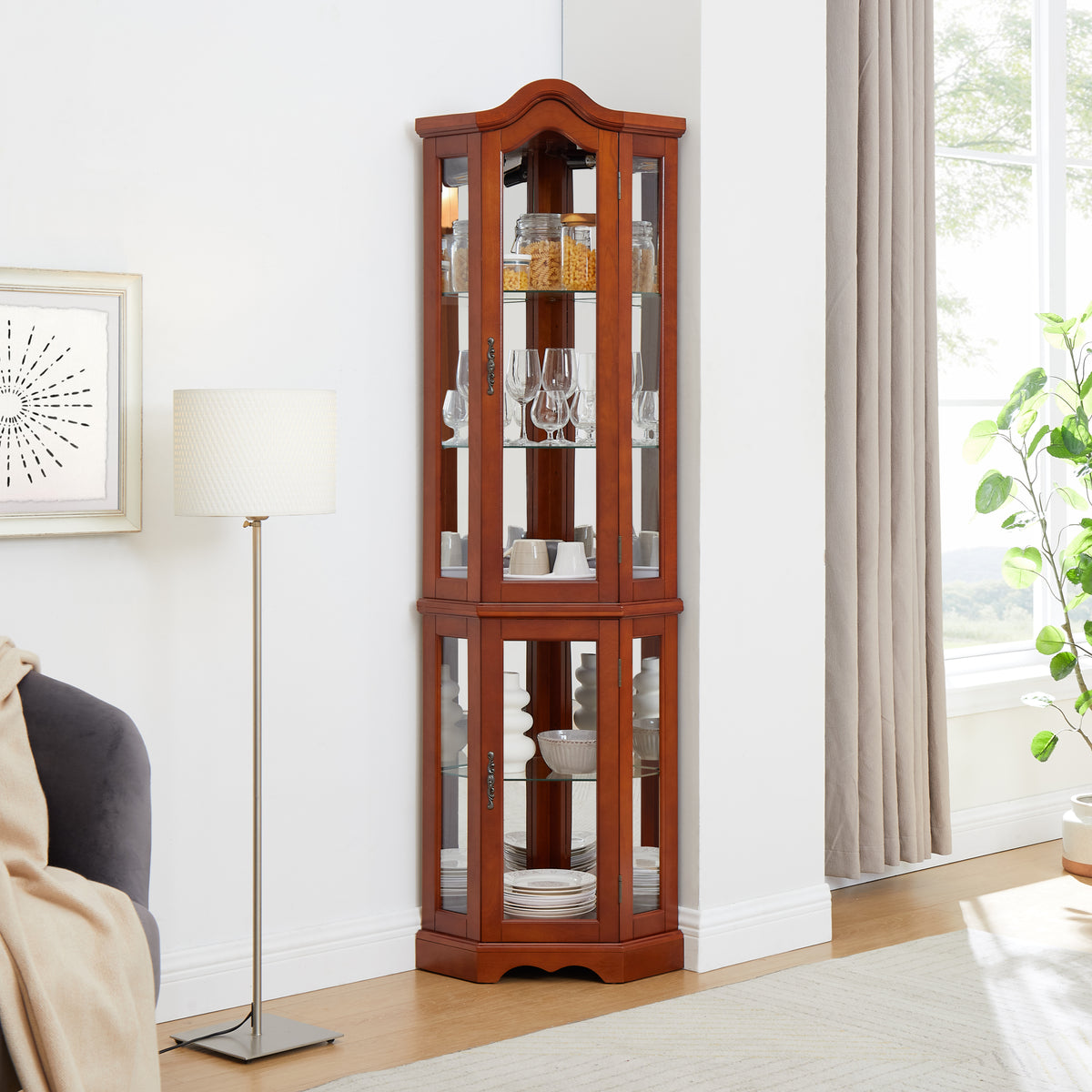 HAOYYE Corner Curio Cabinet with Adjustable Tempered Glass Shelves, Mirrored Back, LED Lights, Elegant Display Cabinet in Walnut Finish, Sturdy Space-Saving Design, Modern Heavy Duty Storage for Home, Office, Living Room