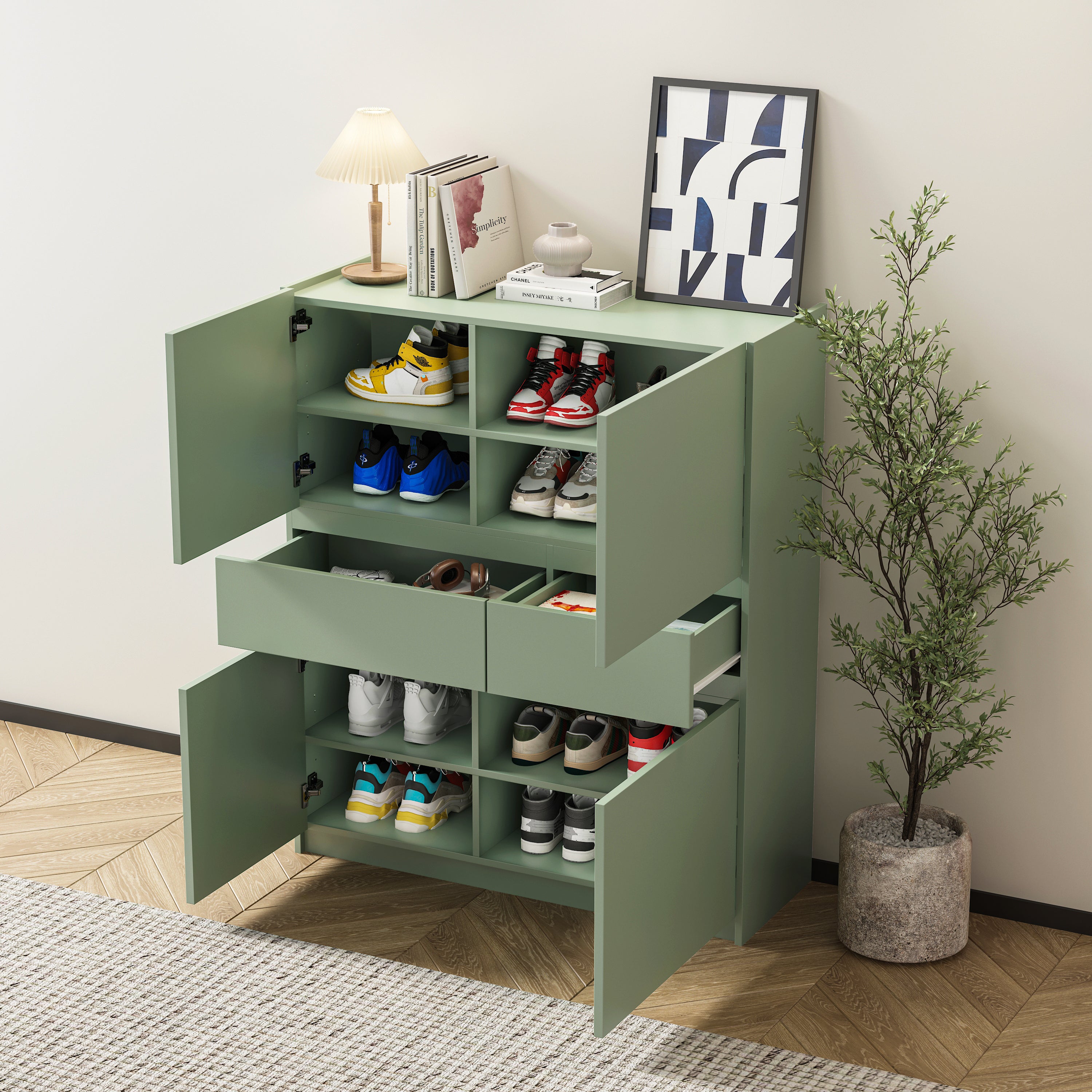 HAOYYE Green Wooden Storage Cabinet with 4 Doors and 2 Drawers, Sturdy Space-Saving Heavy Duty Modern Design, Ideal for Adults and Dorm Rooms, Easy Assembly, Stylish Bedroom Furniture