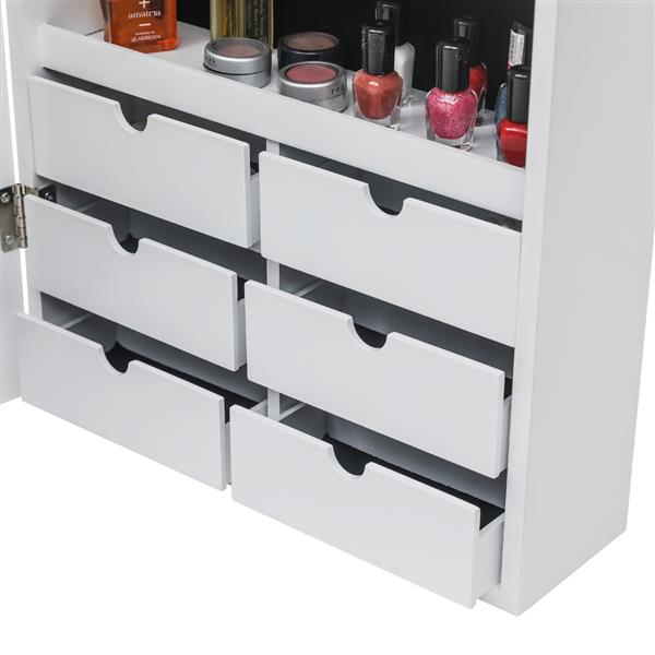 HAOYYE Wall Mounted Jewelry Cabinet with Mirror and Blue LED Lights, 4-Layer Storage Shelves and 6 Drawers, White Wooden Lockable Jewelry Organizer Armoire with Elegant Design