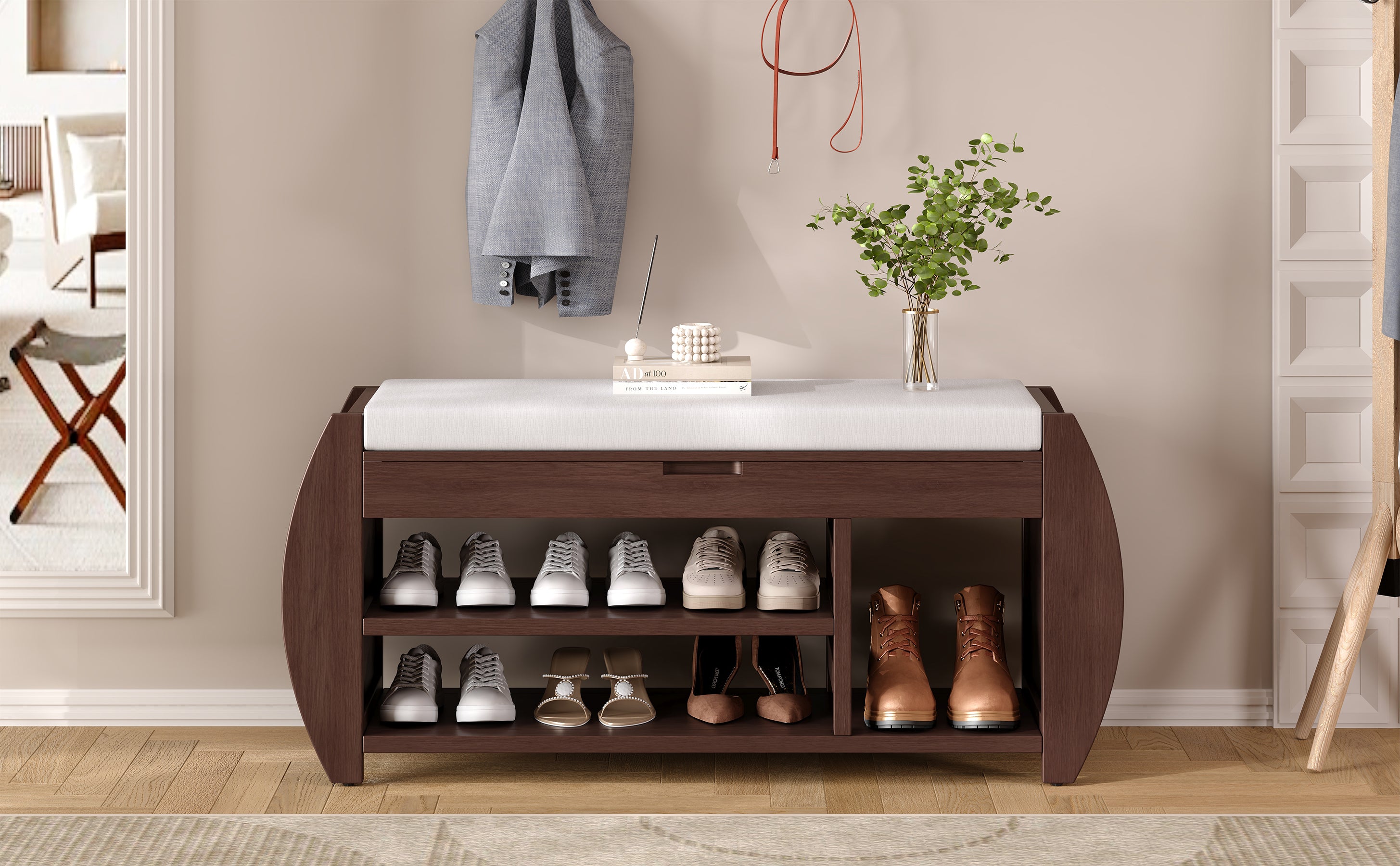 HAOYYE Retro Multifunctional Storage Bench with Cushion and Curved Side Panel for Entrance and Living Room (Espresso) Sturdy Space-Saving Heavy Duty Modern Design Easy Assembly Durable Stylish