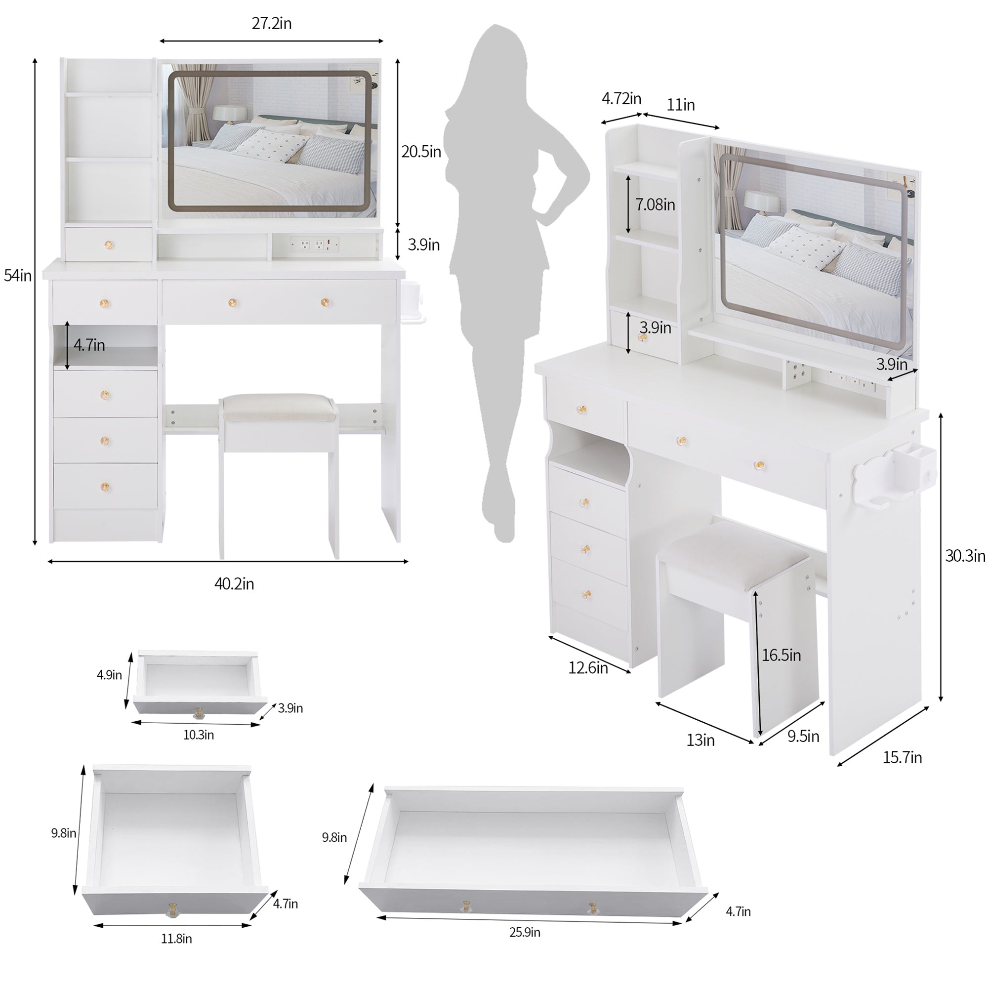 HAOYYE Large Vanity Table Set with LED Mirror, Cushioned Stool, Left Drawer Desktop, Built-in Power Station with 2 AC & 2 USB Ports, Hair Dryer Stand, Touch Control Lighting, Certified by EPA, GCC, and UL