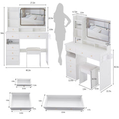 HAOYYE Large Vanity Table Set with LED Mirror, Cushioned Stool, Left Drawer Desktop, Built-in Power Station with 2 AC & 2 USB Ports, Hair Dryer Stand, Touch Control Lighting, Certified by EPA, GCC, and UL
