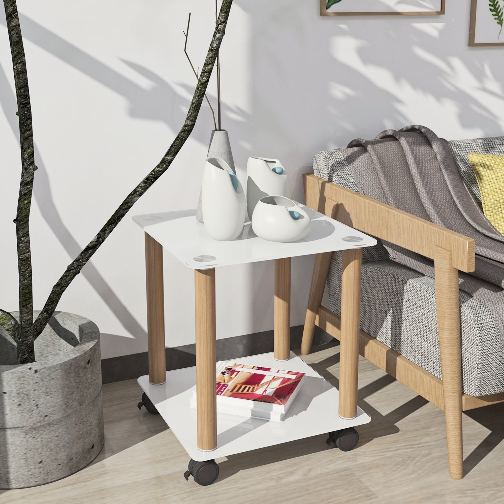 HAOYYE One Piece White And Oak Side Table with Two Tier Storage Shelf for Adults Dorm Room and Living Spaces Perfect as Nightstand, End Table or Sofa Table Featuring Heavy Duty Construction, Space Saving Functionality and Easy Assembly