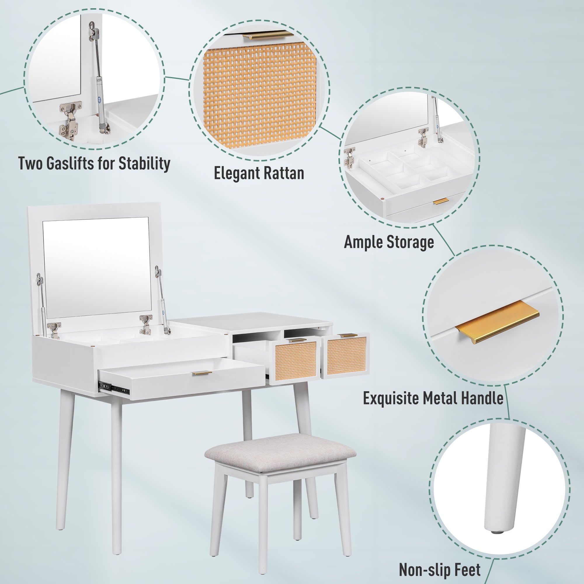 HAOYYE Classic Wood Makeup Vanity Set with Flip-top Mirror and Stool, Dressing Table with Three Drawers and Storage Space, White Modern Design, Luxury Style, Durable Material, Space-saving