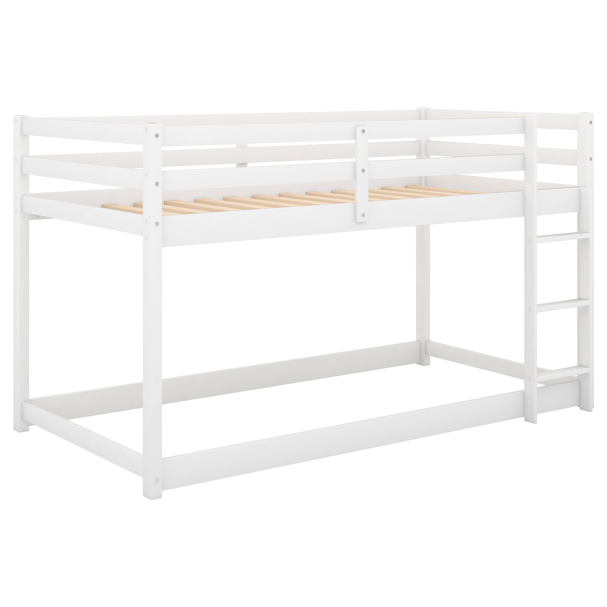HAOYYE Twin over Twin Floor Bunk Bed with Ladder , White(Old SKU:WF281727AAK/WF286602AAK) Sturdy Space-Saving Heavy Duty Modern Design Adults Dorm Room Easy Assembly Bedroom Furniture