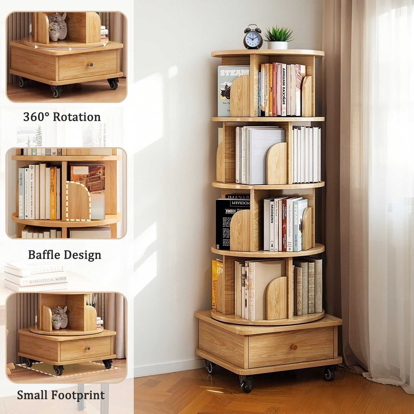 HAOYYE 5 Tier Rotating Bookshelf with 360 Degree Spinning Design and Wheels, Space-Saving Round Display Shelf Tower for Small Spaces in Bedroom, Living Room, Home Office, Modern Wooden Storage Organizer in Natural Wood Color