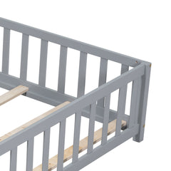 HAOYYE Full Size Floor Platform Bed with Fence and Door for , Montessori Floor Bed Frame with Support Slats for Toddlers, Wooden Floor Bed Grey Sturdy Space-Saving Heavy Duty Modern Design Adults
