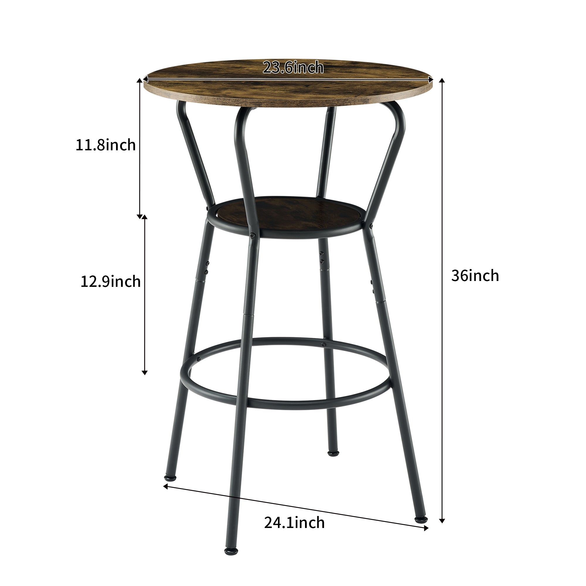 HAOYYE Round bar table and stool set with shelf, upholstered stool with backrest, Rustic Brown, 24.17"W x 24.17"D x 36.02"H Sturdy Space-Saving Heavy Duty Modern Design Adults Dorm Room Easy Assembly