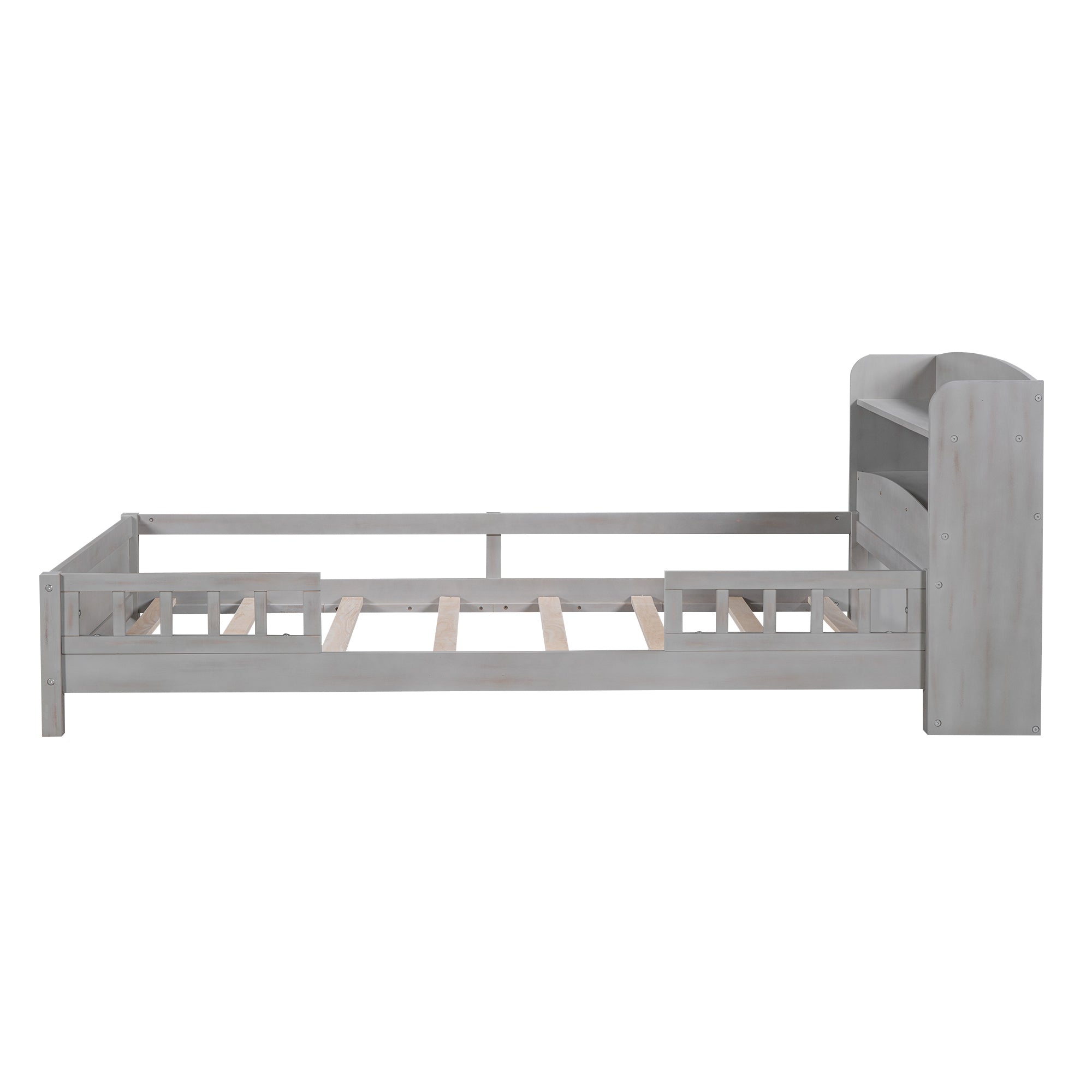 HAOYYE Wood Twin Size Platform Bed with Built-in LED Light, Storage Headboard and Guardrail, Antique Grey Sturdy Space-Saving Heavy Duty Modern Design Adults Dorm Room Easy Assembly Bedroom Furniture