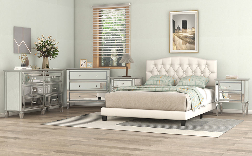 HAOYYE Upholstered Platform Bed with Saddle Curved Headboard and Diamond Tufted Details, Queen, Beige Sturdy Space-Saving Heavy Duty Modern Design Adults Dorm Room Easy Assembly Bedroom Furniture
