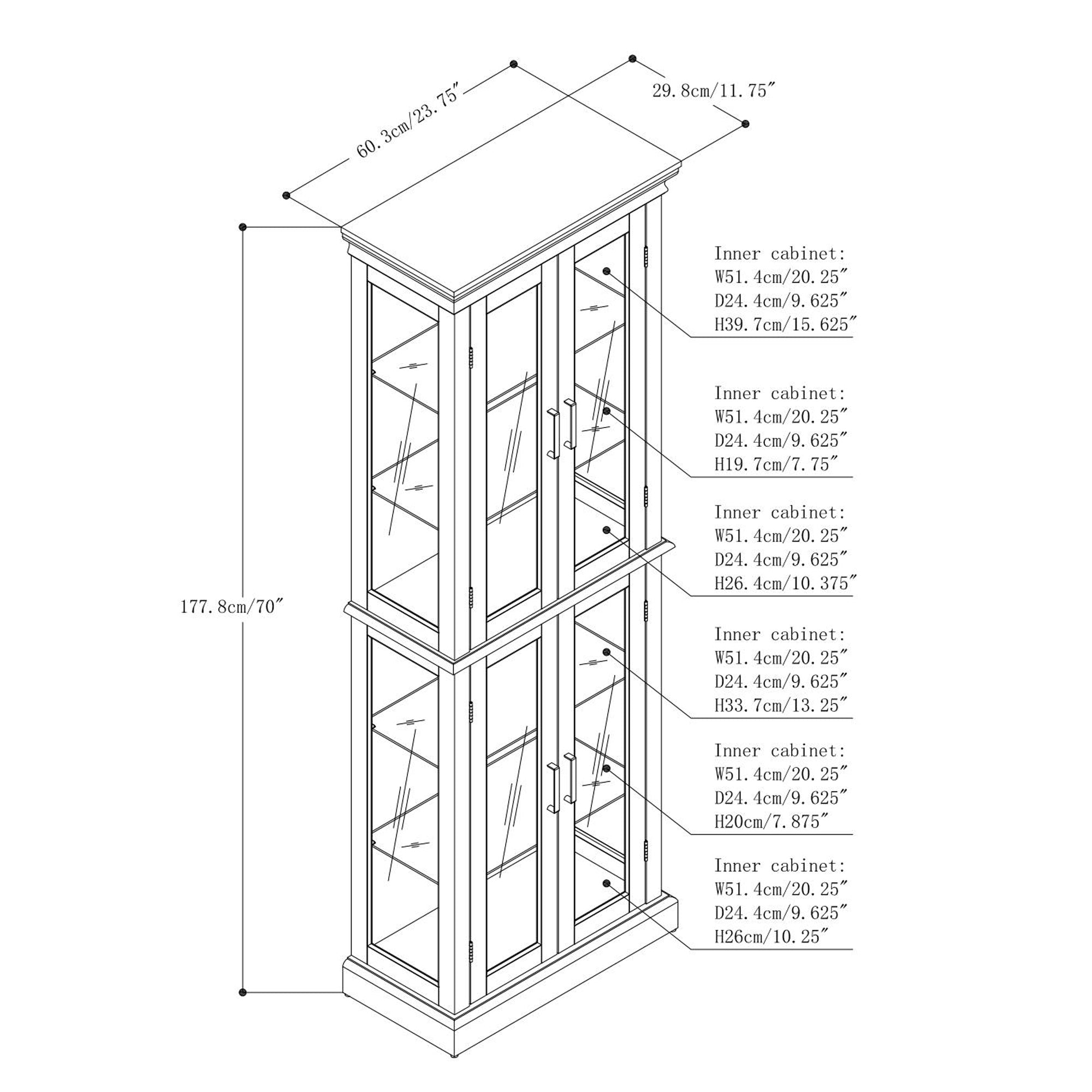 Haoyye Lighted Curio Cabinet with Adjustable Shelves Mirrored Back Panel Tempered Glass Doors Walnut 6 Tier Heavy Duty Space-Saving Sturdy Display Cabinet