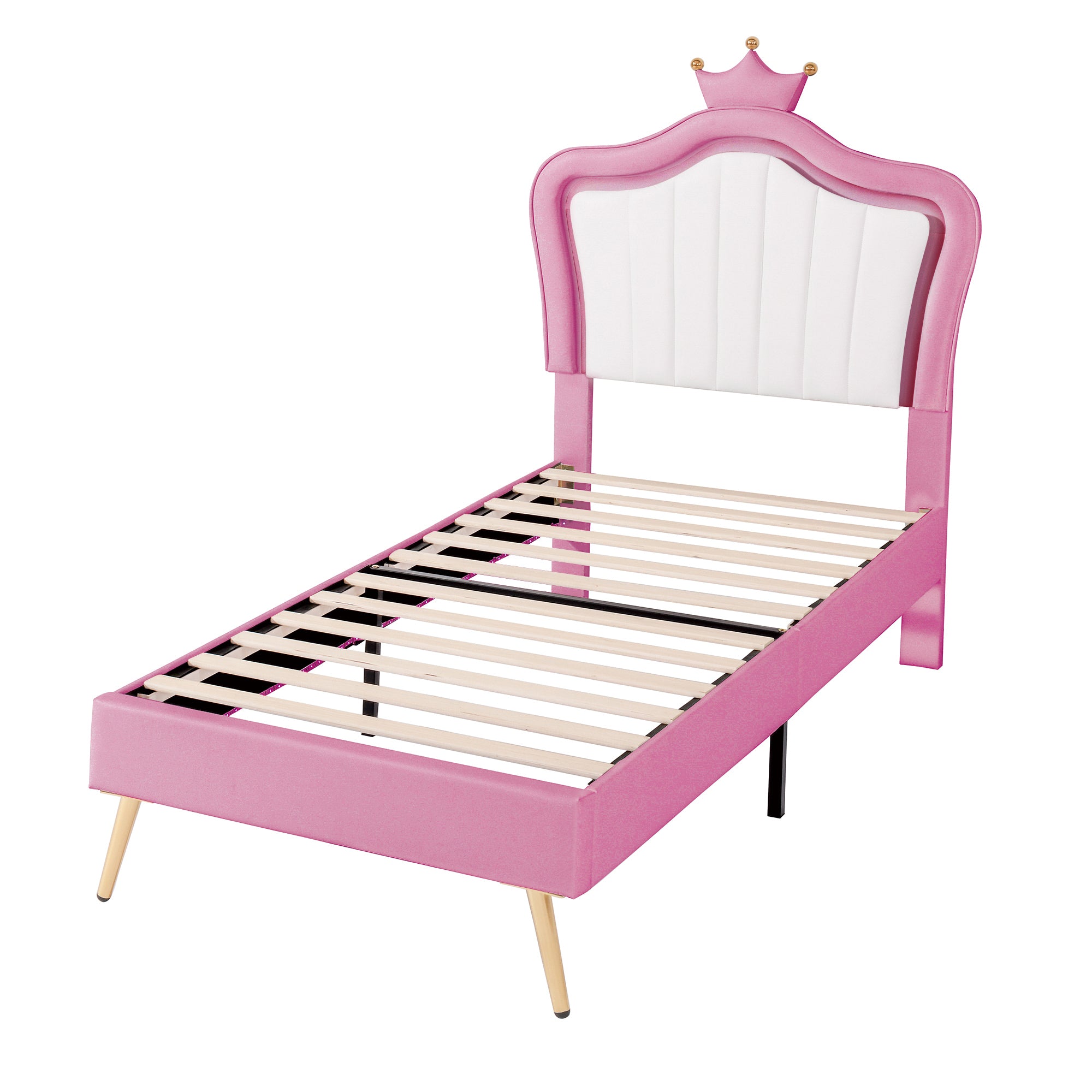 HAOYYE Twin Size Upholstered Bed Frame with LED Lights, Modern Upholstered Princess Bed With Crown Headboard,White+Pink Sturdy Space-Saving Heavy Duty Modern Design Adults Dorm Room Easy Assembly
