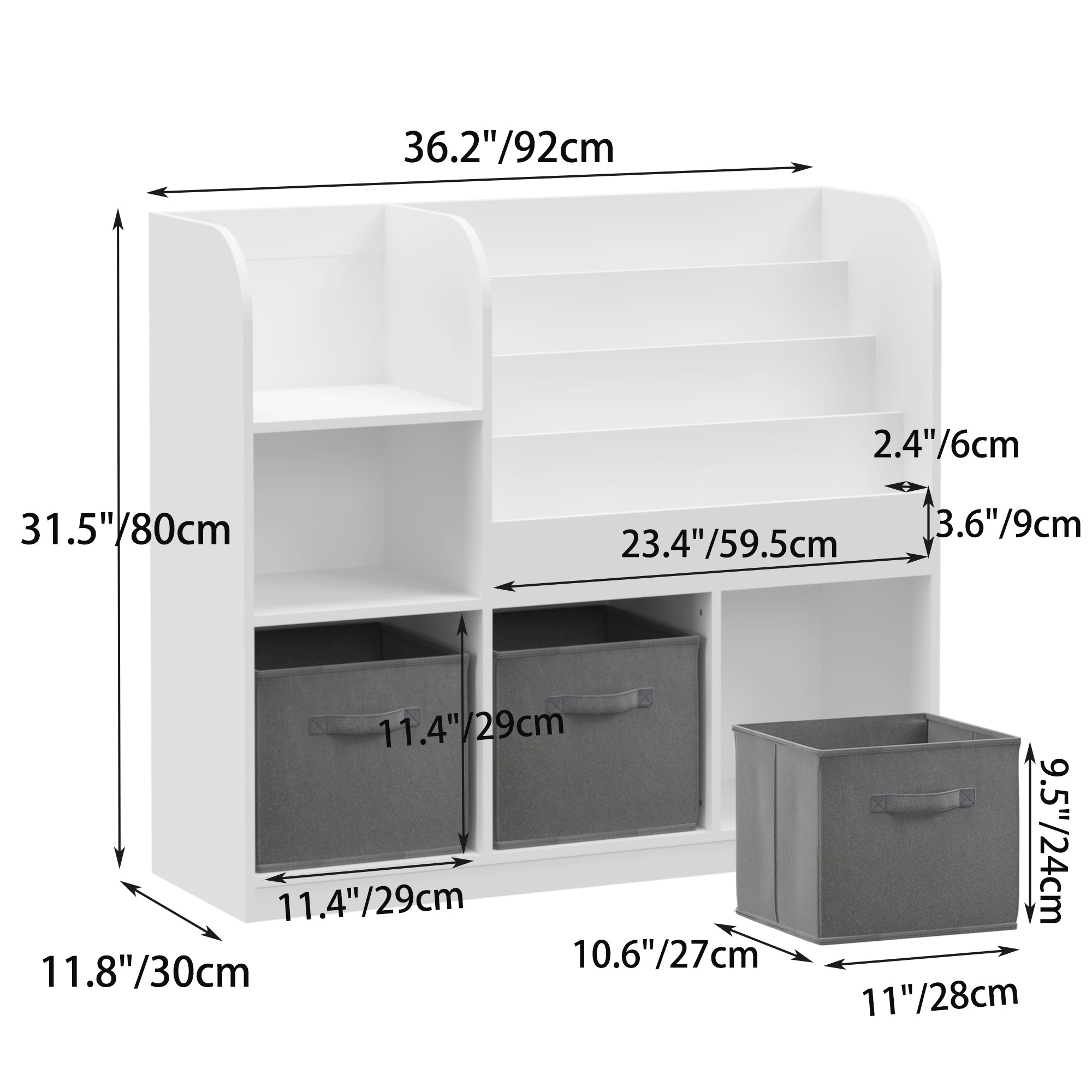 HAOYYE Bookcase and Bookshelf, Multifunctional Display Stand With 3 Collapsible Fabric Drawers, Toy Storage Organizer for Bedroom, Playroom, or Hallway, White/Gray, Sturdy Space-Saving Design