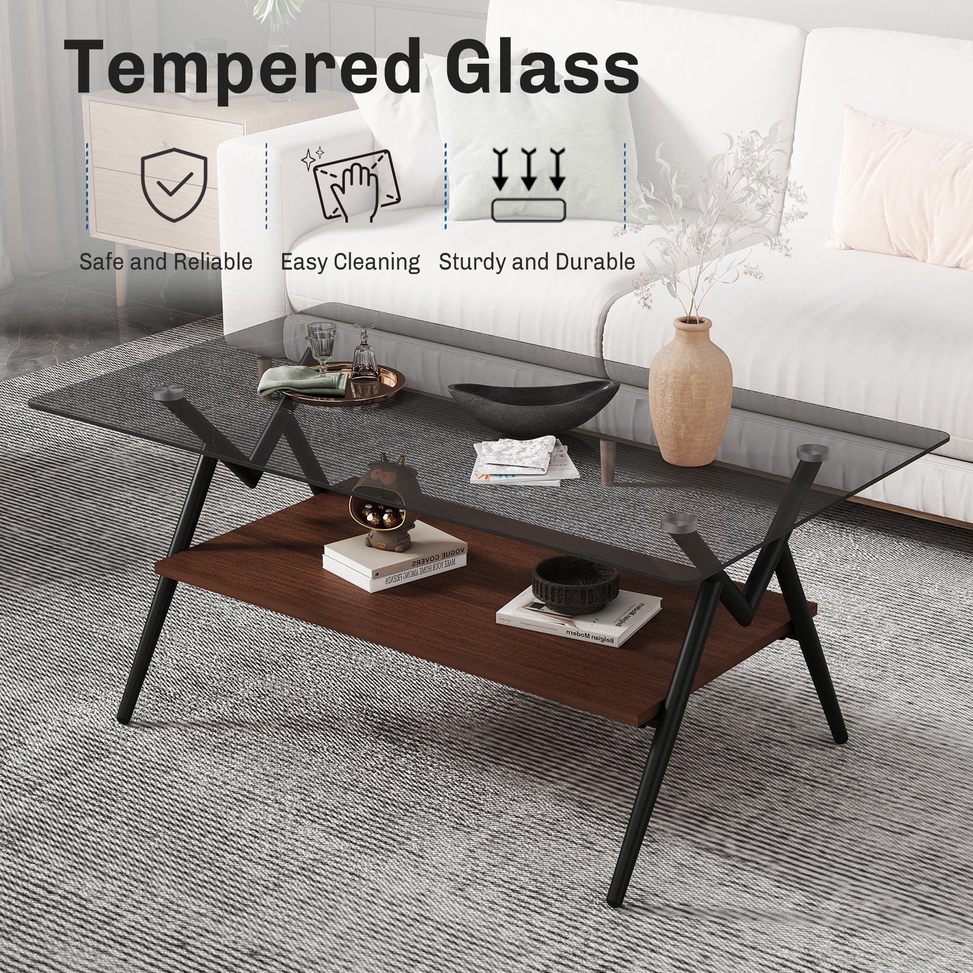 HAOYYE Rectangle Coffee Table with Tempered Glass top and Brown MDF Shelf, Modern Table for Living Room, Gray Glass Sturdy Space-Saving Heavy Duty Modern Design Adults Dorm Room Easy Assembly