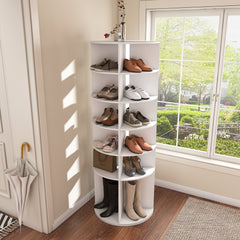 HAOYYE 6-Tier Rotating Shoe Rack Tower 360° Spinning Shoe Organizer With High Bottom Design Free Standing Lazy Susan Storage For Shoes Boots Hats Fits 24 Pairs White Modern Home Decor