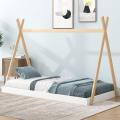 HAOYYE Twin Size Tent Floor Bed with Triangle Structure, White+Natural Sturdy Space-Saving Heavy Duty Modern Design Adults Dorm Room Easy Assembly Bedroom Furniture