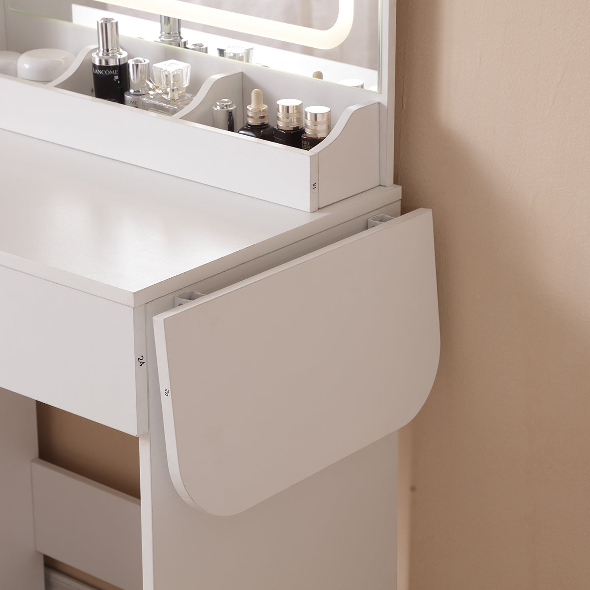 HAOYYE Vanity Desk With Lighted Mirror And Power Outlet, Makeup Vanity With Drawers And Large Storage Cabinet, 3 Lighting Modes With Adjustable Brightness, Storage Stool, White Sturdy Space-Saving Design